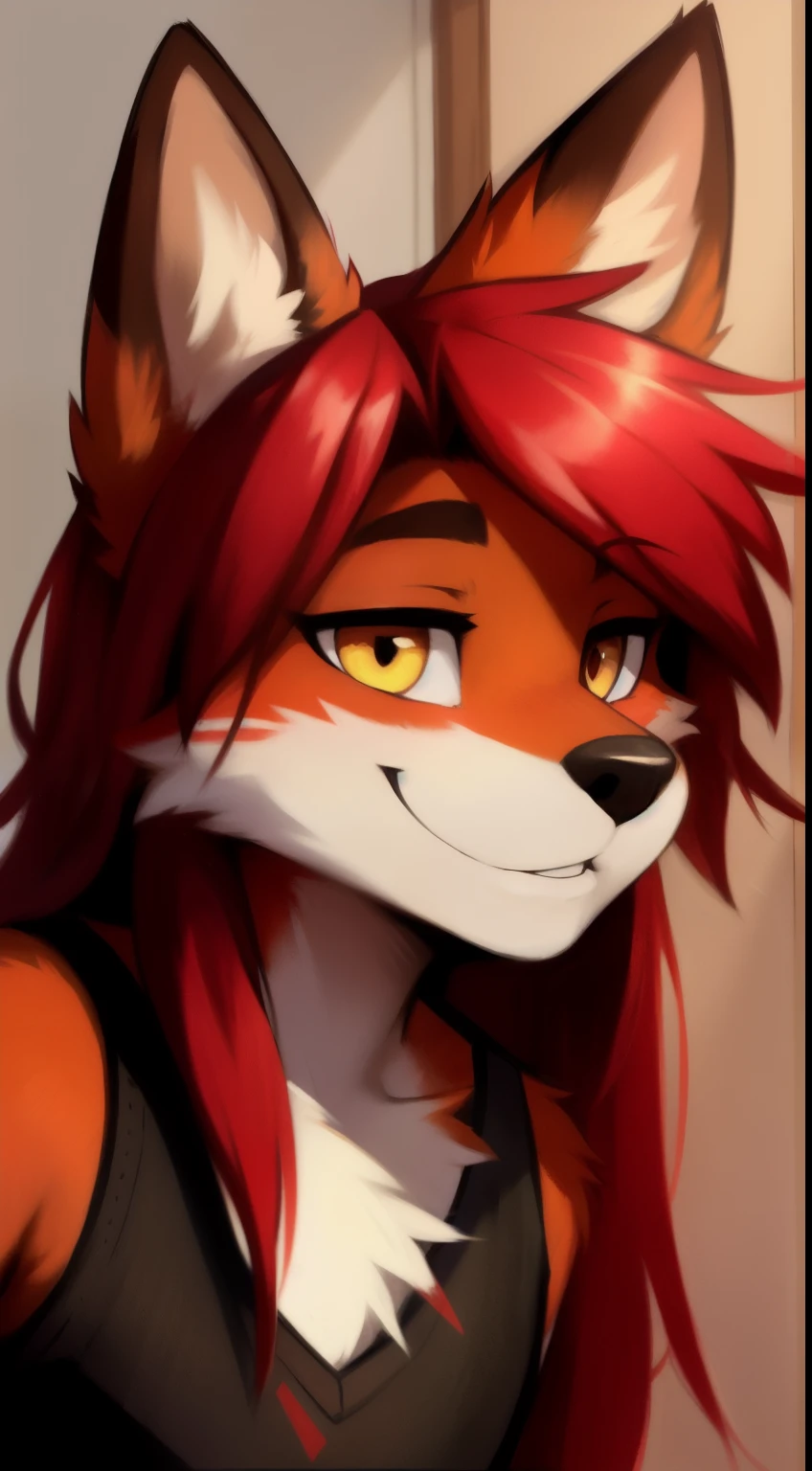 ((masterpiece, best quality)), (anthro furry:1.3, snout:1.2, anthro:1.3, furry:1.2, closeup:1.2, solo male:1.2, neckline, leaning forward, smile, red), red top, leggings, full body, Long hair, red hair, fox, yellow eyes, by Zackary911, Kenket, Kilinah, Zackary911