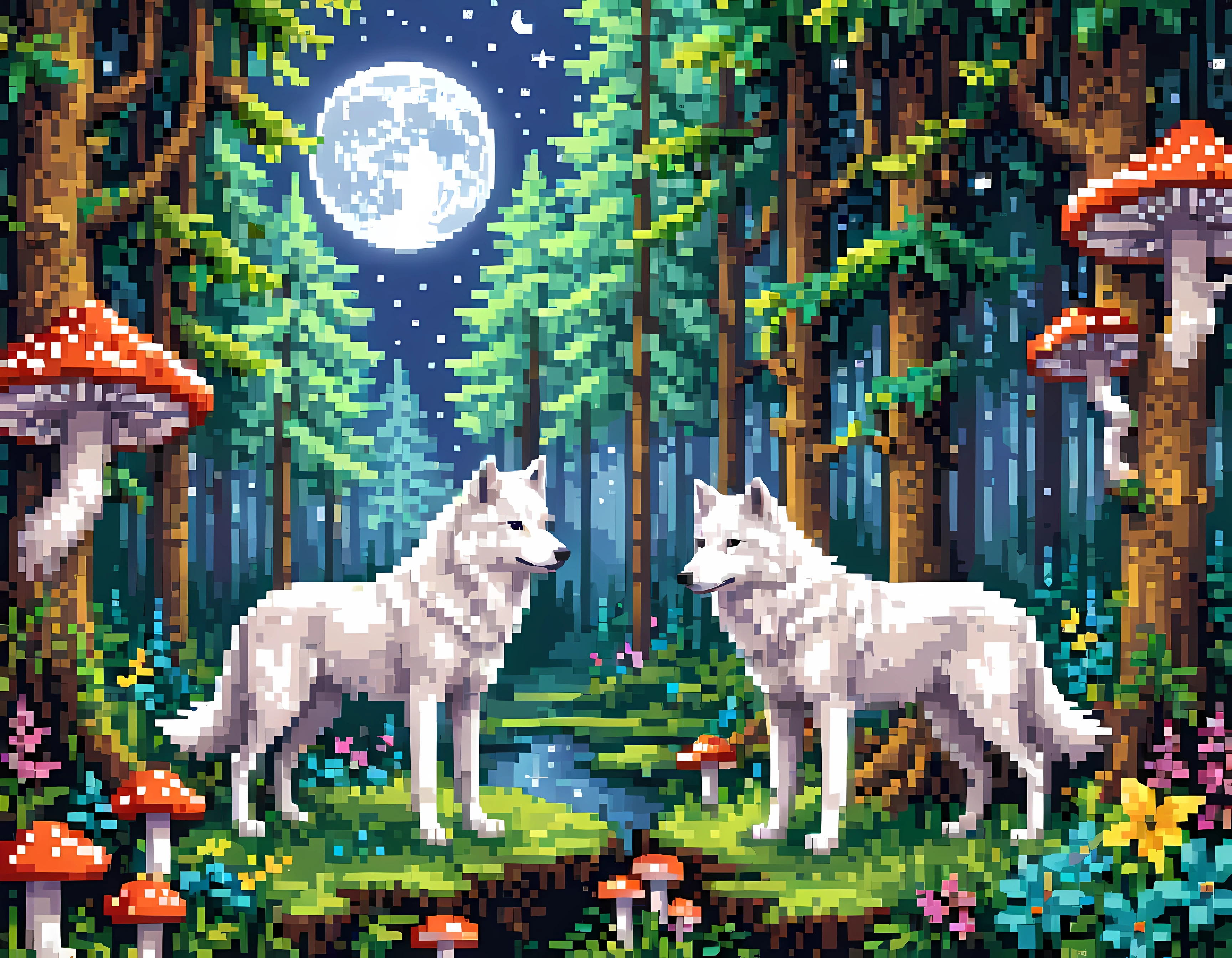 Pixel art, a summer enchanted forest at starry night, the Tyndall Effect, (((moon rays))) filtering though a forest canopy, two adorable white wolves, ((glowing magical mushrooms and flowers)), soft fog, ((epic)), shimmering effect, masterpiece in maximum 16K resolution, superb quality. | ((More_Detail))
