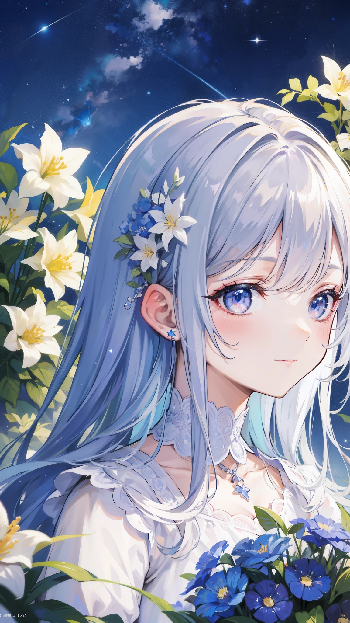 32k, highest quality, expensive_solve, clear_image, detailed background, girl, flower, garden, starry sky, Beautiful modeling, smile, close up of face, 