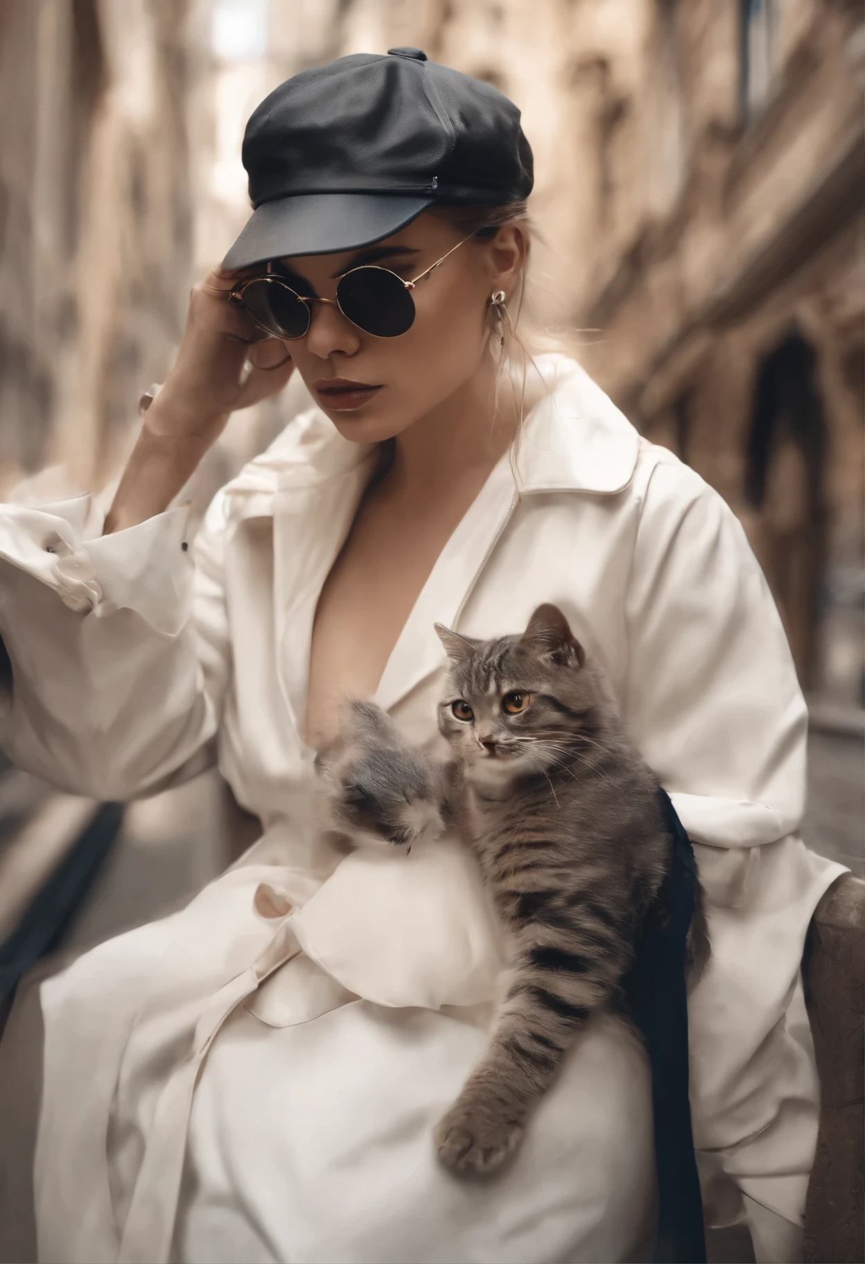 Perfect centering, Um gatinho fofo todo, Use uma jaqueta de estudante, Wearing sunglasses, usando fones de ouvido, Standing position, beleza abstrata, centrado, looking at the camera, Facing the camera, approaching perfection, dynamic, Luar, altamente detalhado, pintura digital, art stations, arte conceitual, suave, sharp focus, 8K, high definition resolution, illustration, arte de Carne Griffiths e Wadim Kashin, fundo branco