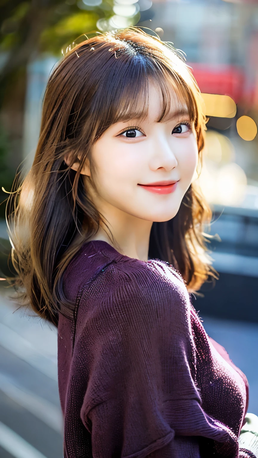 ((Best Picture Quality, 8k, The Masterpiece:1.3)), 1girl, Beautiful woman with slender abs:1.3, (Casual hairstyle, :1.2), Knit shirt，Ultra-fine face, detailed eye, Double eyelid，Smile with, Take pictures in cute poses，The figure is very bad，Small waist，large breasts，Close-up，Close-up chest，beautiful backgrounds，arms behind back，