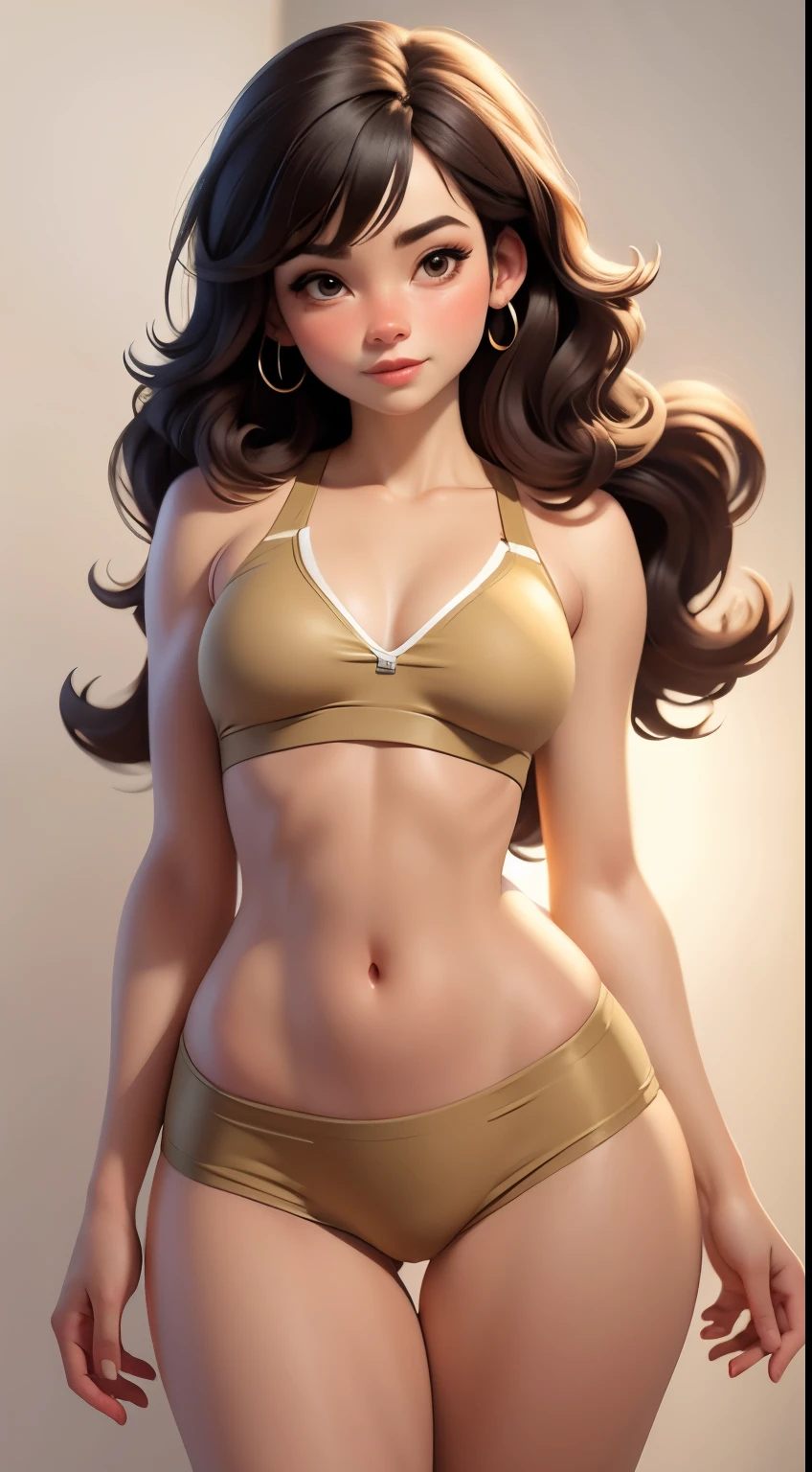girl,Standard chest,Wearing only a bra and tight-fitting yoga shorts,Expose navel and pubic bone,camel toe protrusion,Movie-like texture