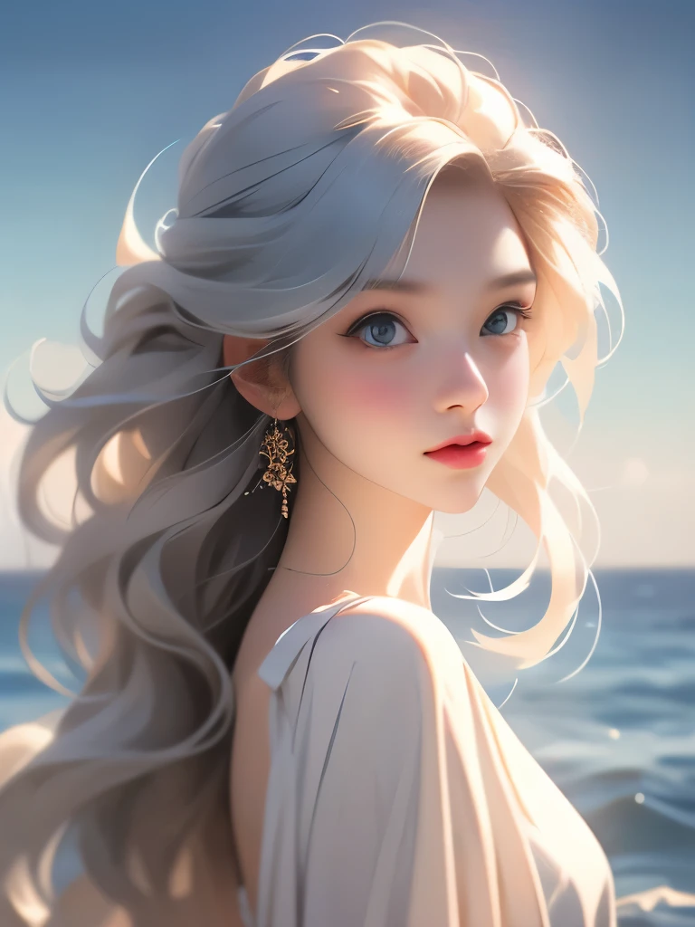 best quality,masterpiece,ultra high resolution,(Realism:1.4),RAW photos,1 girl,long white hair,face highlight,pure,Full of girly feeling,Flushing,18 years old,18 years old微笑女同学,pure,Innocent,(best quality,8k,masterpiece:1.3),Oval face,big eyes,long eyelashes,Beautifully(Realistic style),starry eyes,ultimate face,Realistic light and shadow,Clear facial features, fair and silky skin,White skin, High detail skin, Realistic skin details, Visible pores,(Ultra-detailed),(Perfect body:1.1),long white hair,(dynamic poses),((dynamic background((Volumetric light:1.3)),silk,dress,Deep blue ocean water,stand up,chic,long legs