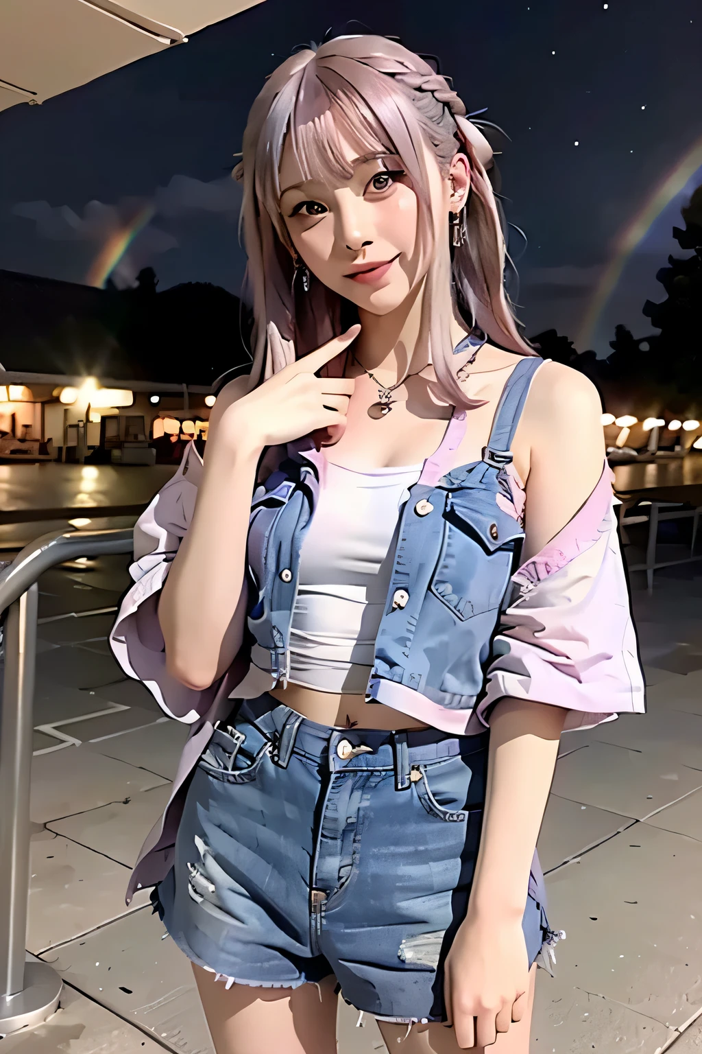 (masterpiece), (((highest quality)), (Super detailed), 1 girl, (rainbow colored hair, colorful hair, Half blue、half pink hair: 1.2), , (yukina: 1.2), outdoors, bangs, smile, sky blue eyes, perfect hands, perfect hands, hand details, corrected fingers. earrings, night store + background, looking for_in_viewer, cowboy shot, highest quality, Rich details, perfect image quality,