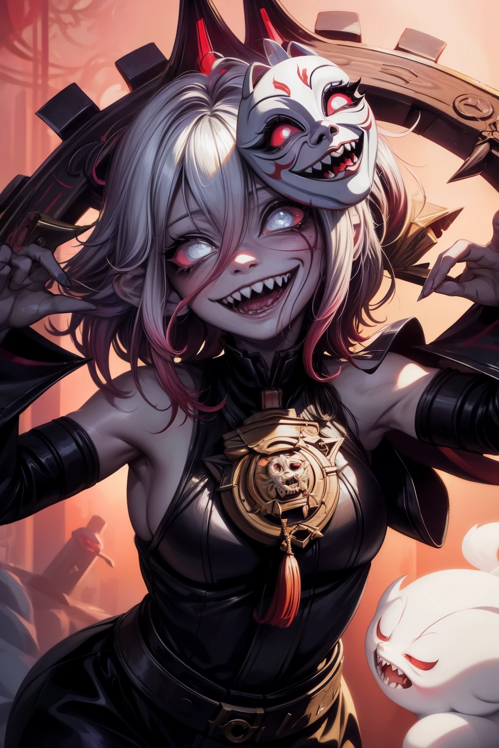 Title: "The Smiling Mask of Evil: A High-Detailed Horror Illustration from Japan"

Description:
This masterpiece, created by the renowned illustrator Prawaka, showcases a high-quality, 8k portrait mask with exquisite details and terrifying precision. The image is rendered in the highest resolution (1.2), ensuring every curve, line, and texture is captured in ultra-fine detail.

The subject of the illustration wears a traditional Japanese mask, its features twisted into a horrifying grin that seems to stretch from ear to ear. The mask's eyes are starkly black and unblinking, making the smile all the more unset