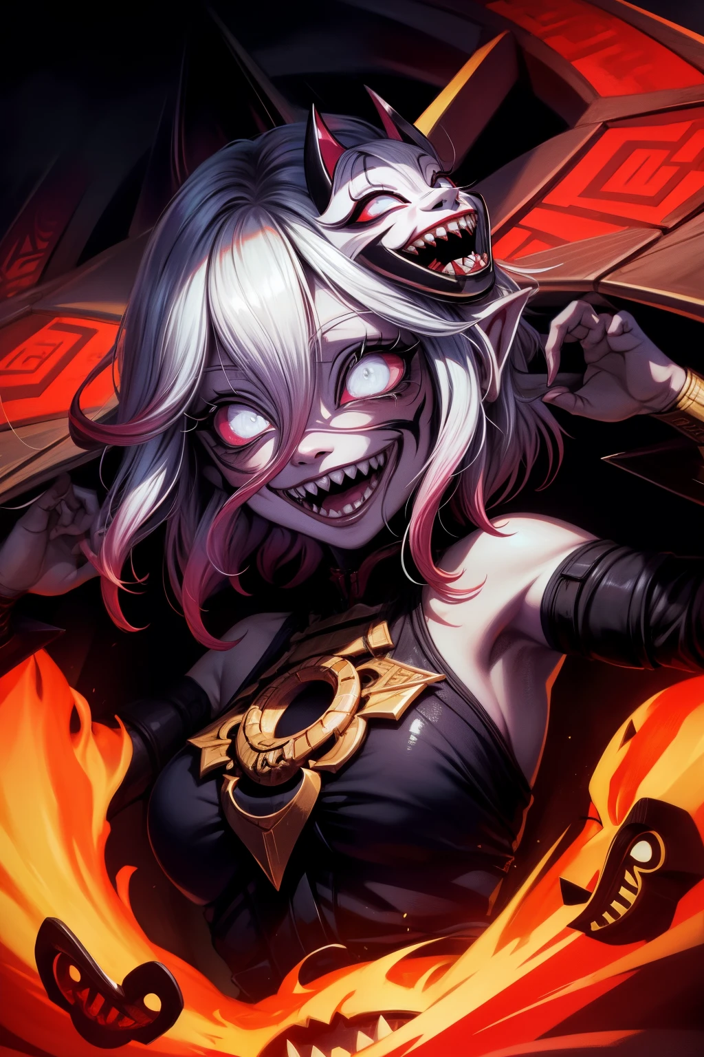 Title: "The Smiling Mask of Evil: A High-Detailed Horror Illustration from Japan"

Description:
This masterpiece, created by the renowned illustrator Prawaka, showcases a high-quality, 8k portrait mask with exquisite details and terrifying precision. The image is rendered in the highest resolution (1.2), ensuring every curve, line, and texture is captured in ultra-fine detail.

The subject of the illustration wears a traditional Japanese mask, its features twisted into a horrifying grin that seems to stretch from ear to ear. The mask's eyes are starkly black and unblinking, making the smile all the more unset