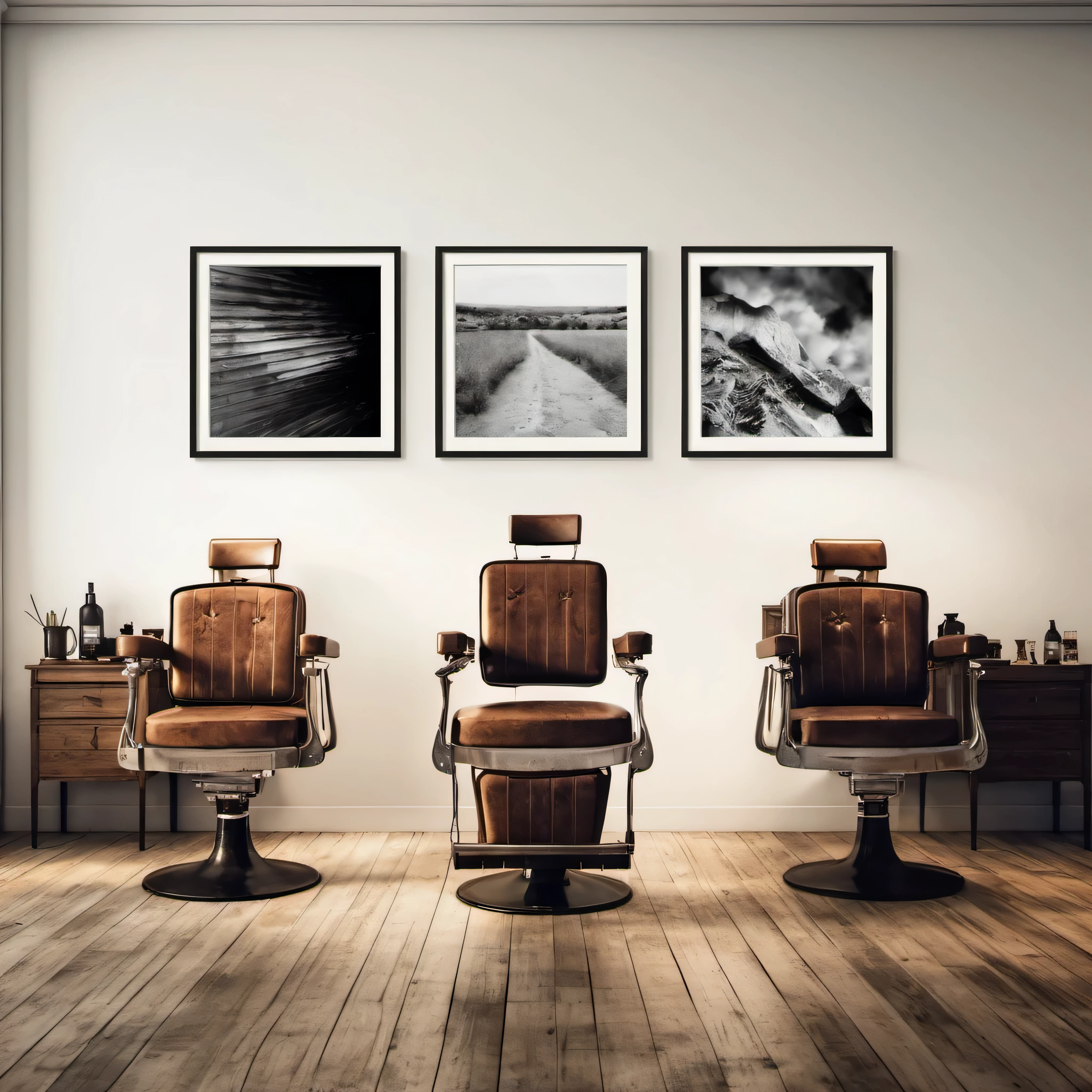 arafed chairs in a room with pictures on the wall, industrial art style, style of ade santora, furniture photography, large format photograph, art photography style, inspired by Willem Claeszoon Heda, stunning large format photograph, fine art print, large-format photography, inspired by August Sander, black and white artwork, displayed on the walls