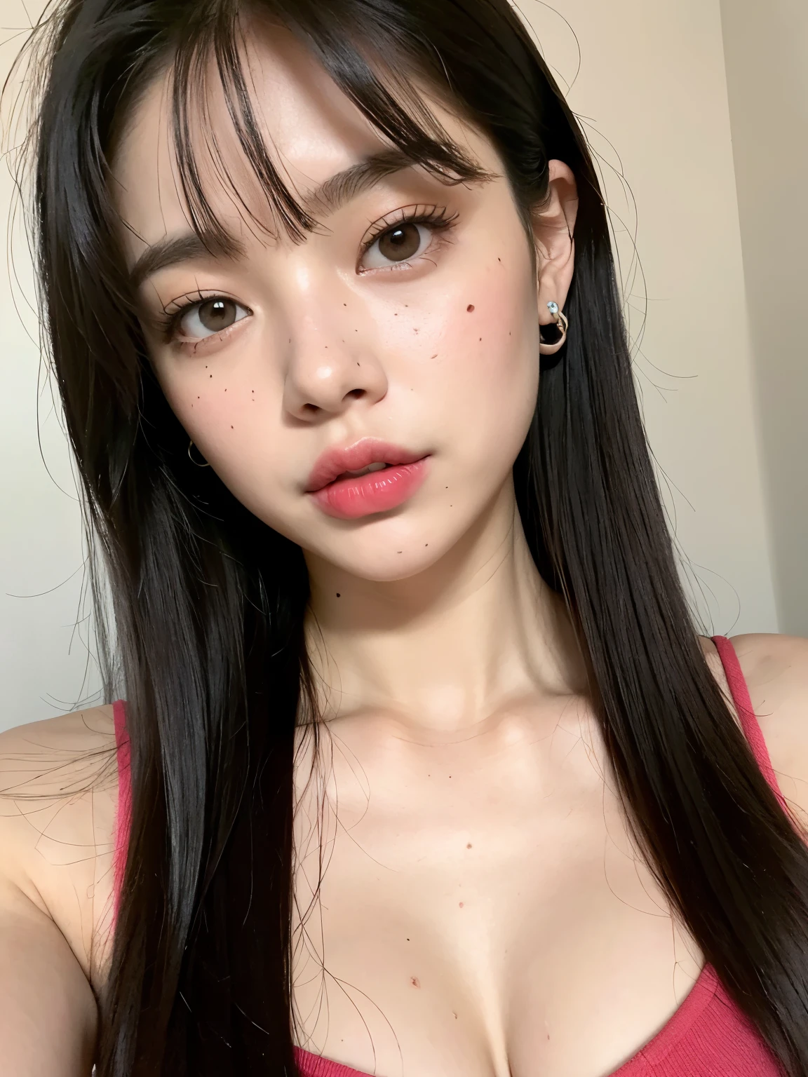 Kim Jennie de blackpink con el cabello rubio claro, cabello rubio con ondulado, cabello de color rubio ondulado, with small fringes, ojos color negro, nariz respingada y bonita, labios gruesos, Cupid and heart shaped lips.., labios rosas, pale, piel blanca, piel bonita y suave, con pecas y lunares, cejas bonitas, marked and beautiful clavicle, mientras tiene un polo con rosas color rojo tinto, rojo oscuro, con ropa interior femenina, abdomen delgado y bonito, escote desnudo, (pechos grandes, pechos suaves, pechos naturales, escote desnudo), mientras agarra una rosa,  mirando a la camara, autofoto