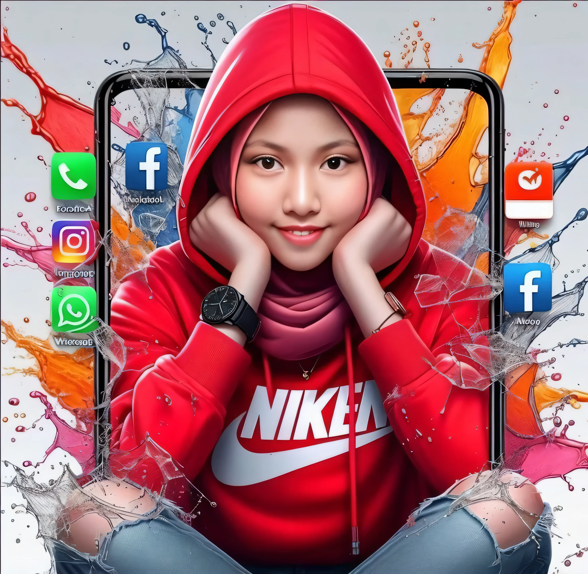 Resolusi terlihat nyata; wanita hijab, mengenakan jaket bertudung merah, dengan kata "Niken" mengenakan jam tangan hitam, duduk di depan hp dan terlihat keren, dengan wajah ceria, kaca pecah dan berbagai ikon media sosial seperti Facebook, Instagram, Whatsapp, dll. serta percikan warna air berwarna tersebar dimana-mana. latar belakang ponsel, menciptakan 3D resolusi tinggi HD yang indah