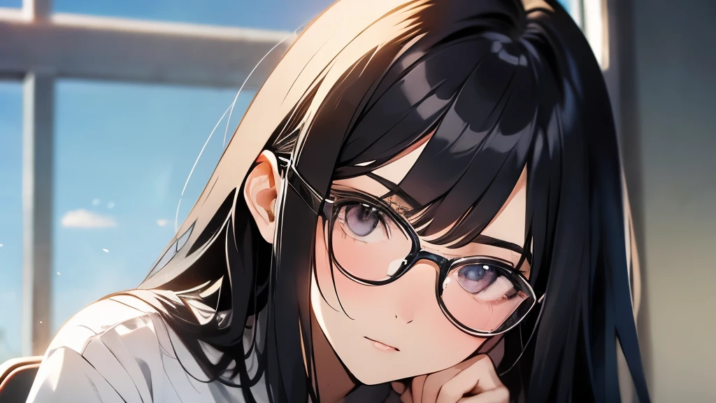 18 year old female、hair is black、long hair、eyes are big、uniform、Looks serious、wearing glasses