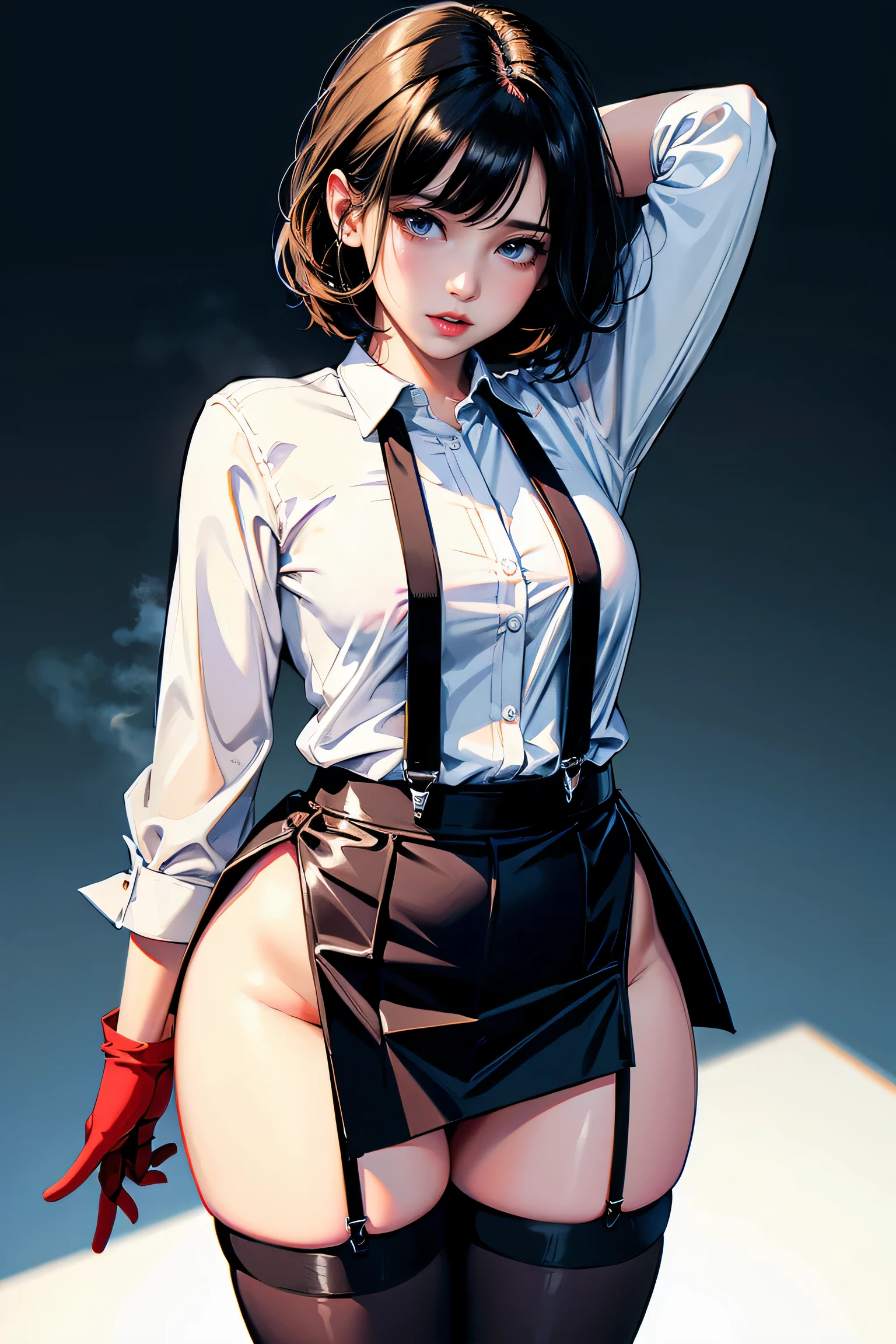 cartoon image of a woman wearing a short skirt and white shirt, sports figure, Cute sexy butts, high resolution комиссия, small curvy , hips!!!, Expects, Short full-length portrait!, hips!!!!!!, with backlight, slim ass, stockings up to hips, red & black clothes, legs clamped in stockings with suspenders