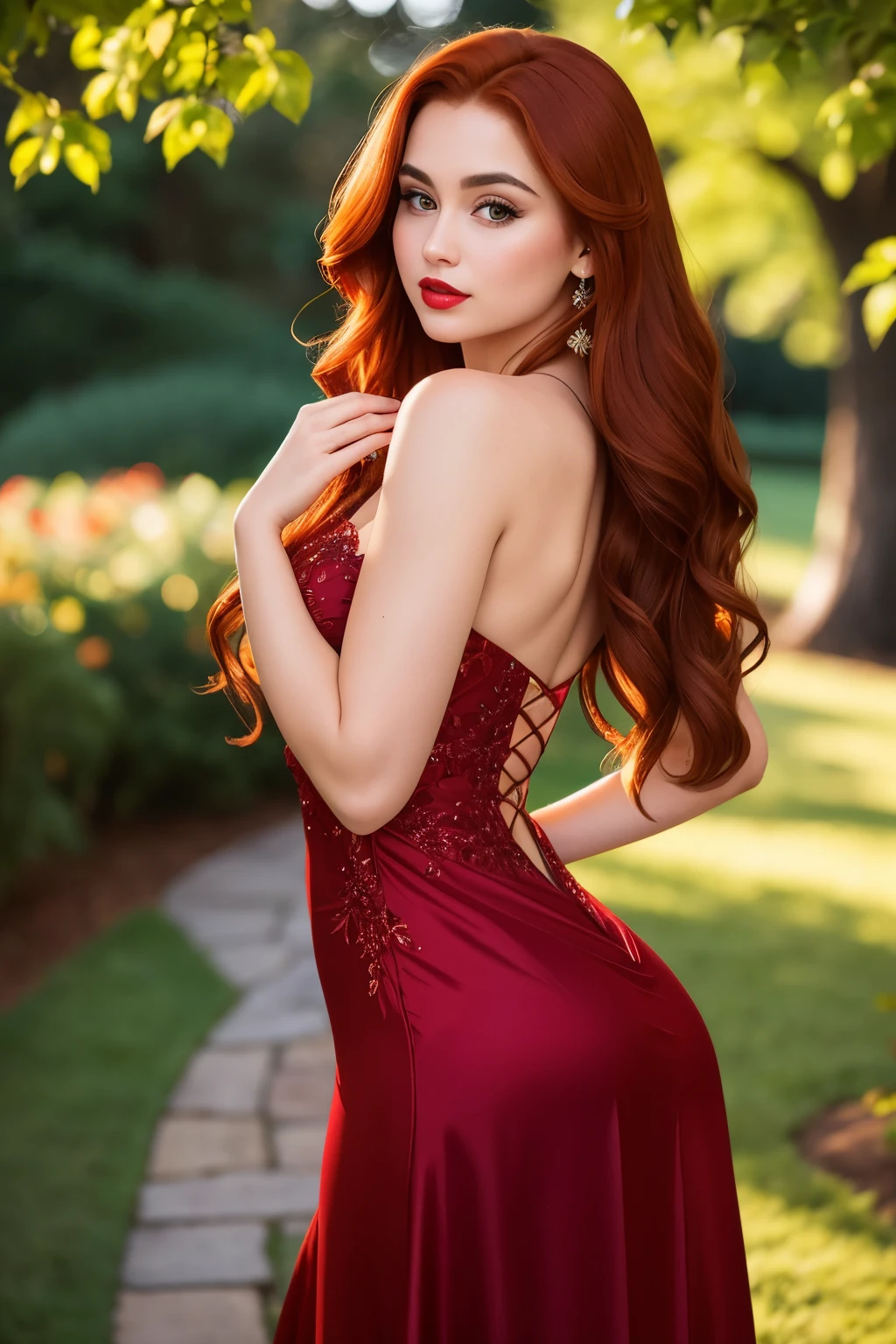 Realistic full body photo of a smiling redhead with long hair, Who dances in front of the camera and wears a satin dress, Park Glamour Fotoshooting, perfect anatomy, perfect eyes. Perfect hands with 5 fingers on each hand. Matching girl, look into the camera, strong hip:1.2, wide hips:1.3, 1 Frau. (Eye make up:1.1), (highly detailed skin:1.1), spirit, analog style, keen focus, 8K UHD, dslr, good quality, Fujifilm XT3, Grain, Award-winning, masterpiece.