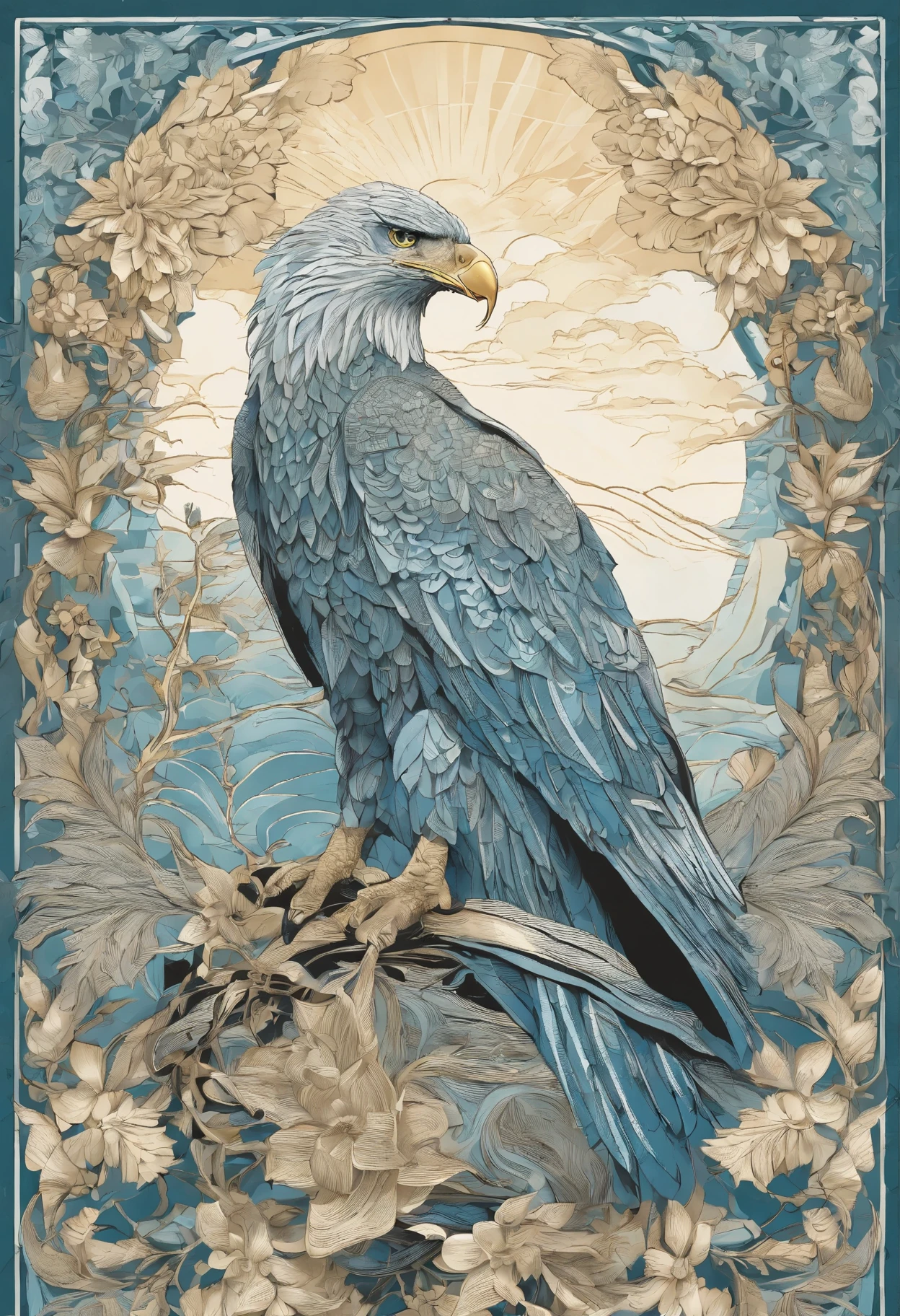 style of Rebecca Guay,abstract art, turn around here,1 large eagle,bust up picture,Blue Sky,colorfulな太陽,fractal art,colorful, style swirl magic,Vibrant colors,An eye-catching sight, (masterpiece, 最high quality, high quality, High resolution, super detailed),complicated,Geometric pattern