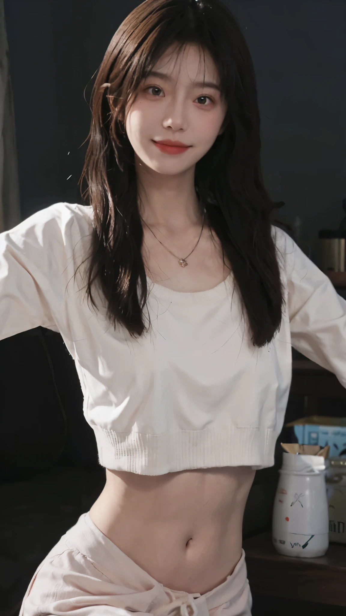 best quality， ultra high resolution， （realistically：1.4），cute hairpin，Baoyu Girl，1 girl, Beautiful woman with slim figure:1.4, abdominal muscles:1.8, a brown haired one, Medium chest:1.3, pink long sweater:1.1, Chis,Super thin face，exquisite eyes，double eyelids，Smile，necklace