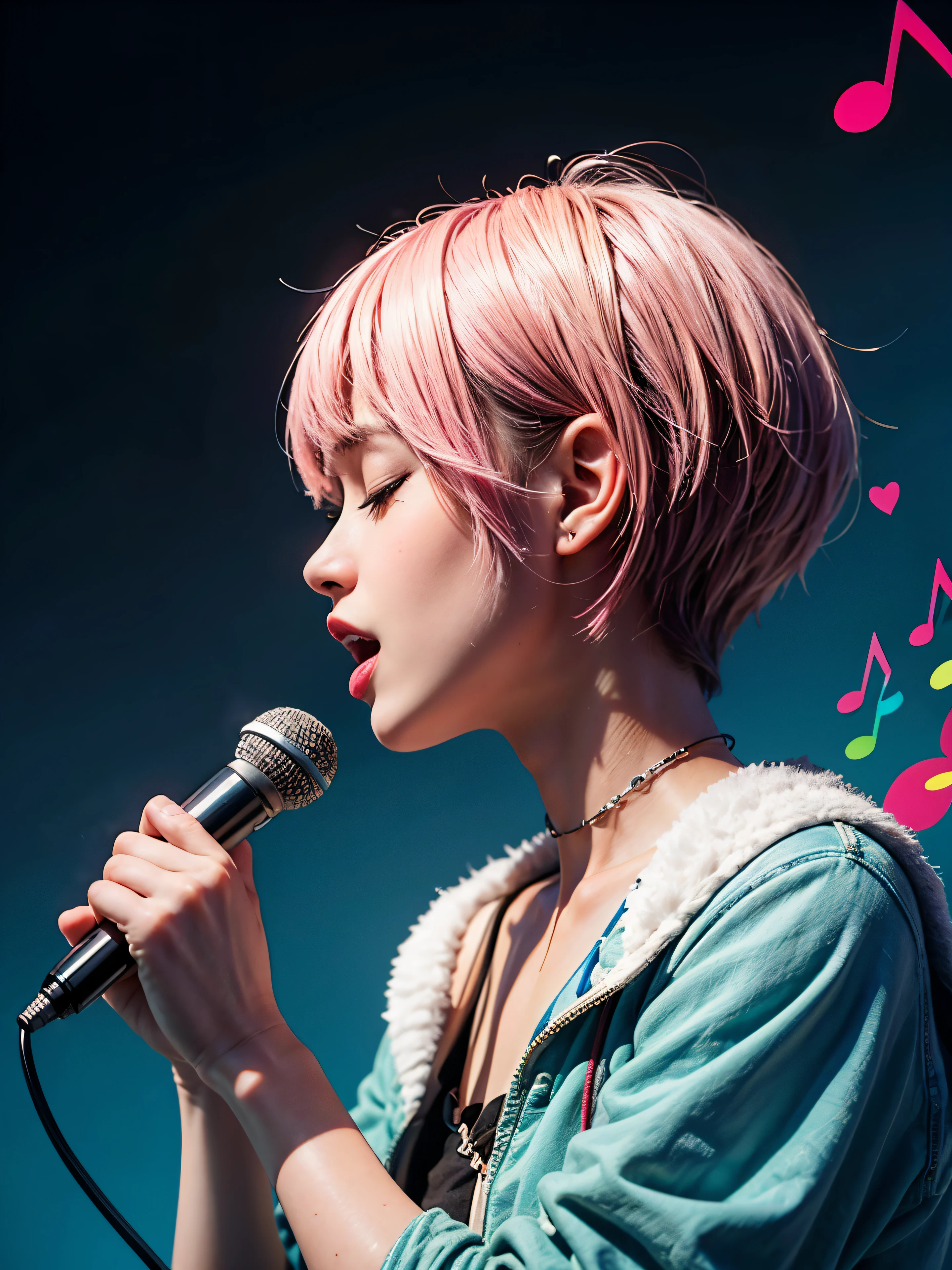 highest quality, wide angle, male, profile, pink hair, sing with short hair, microphone, closed my eyes, bright colors, bright colors, Musical notes that float like magic