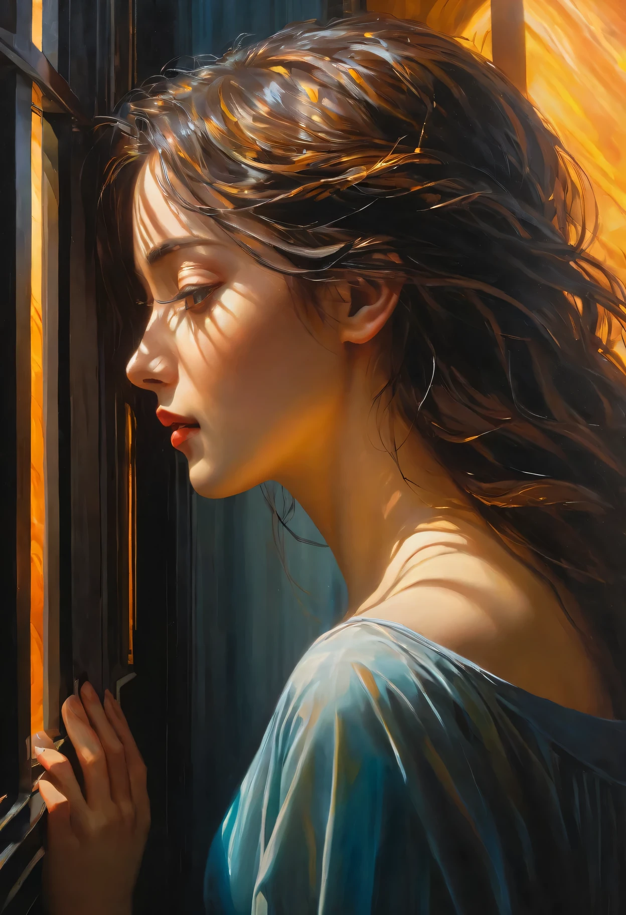 (painting),(best quality, 4k, masterpiece:1.2), Super detailed, (actual, photoactual:1.37), mood lighting, bright colors, Tyndall effect, eager , imprisoned in time, emotional expression, Complex brushstrokes, hidden layers of meaning, Contrast texture, evocative shadow, Emotional turmoil, melancholic atmosphere, unforgettable beauty, drama composition, powerful storytelling, Fascinating details, subtle gradient, Rich visual narrative, ethereal atmosphere, mysterious atmosphere, mysterious aura, Depth and size, Surreal elements