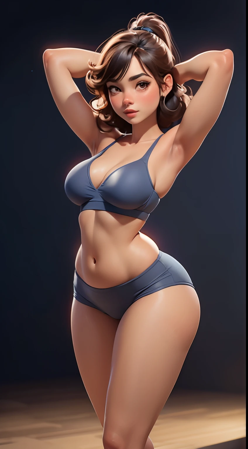 girl,plump breasts,Shapely figure,Wearing only a bra and tight-fitting yoga shorts,Expose navel and pubic bone,camel toe protrusion,graceful dance posture,legs apart,Turn your back to the audience,Movie-like texture
