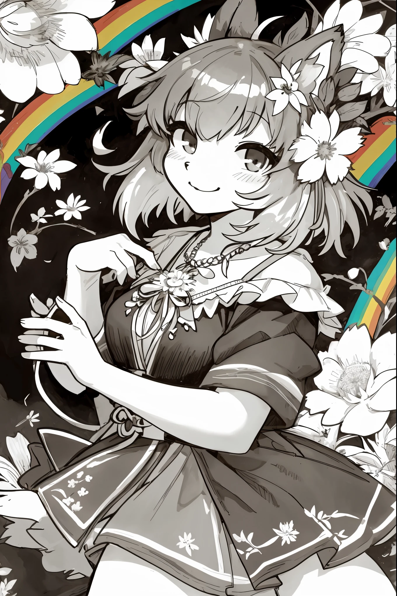 monochrome, watercolor, highres, top quality, best quality, paid reward available, High-quality illustrations, unparalleled masterpiece, perfect artwork, absurdres, 1girl, kemono, furry, detailed body fur, animal face, animal hand, Archaic Smile, holding a cluster of Rainbow flower in both hands, which are positioned at chest level, She is wearing a simple ring on the ring finger of her left hand, unfocused spread of Rainbow flower, fan-created work shared on platforms Pixiv or Twitter,