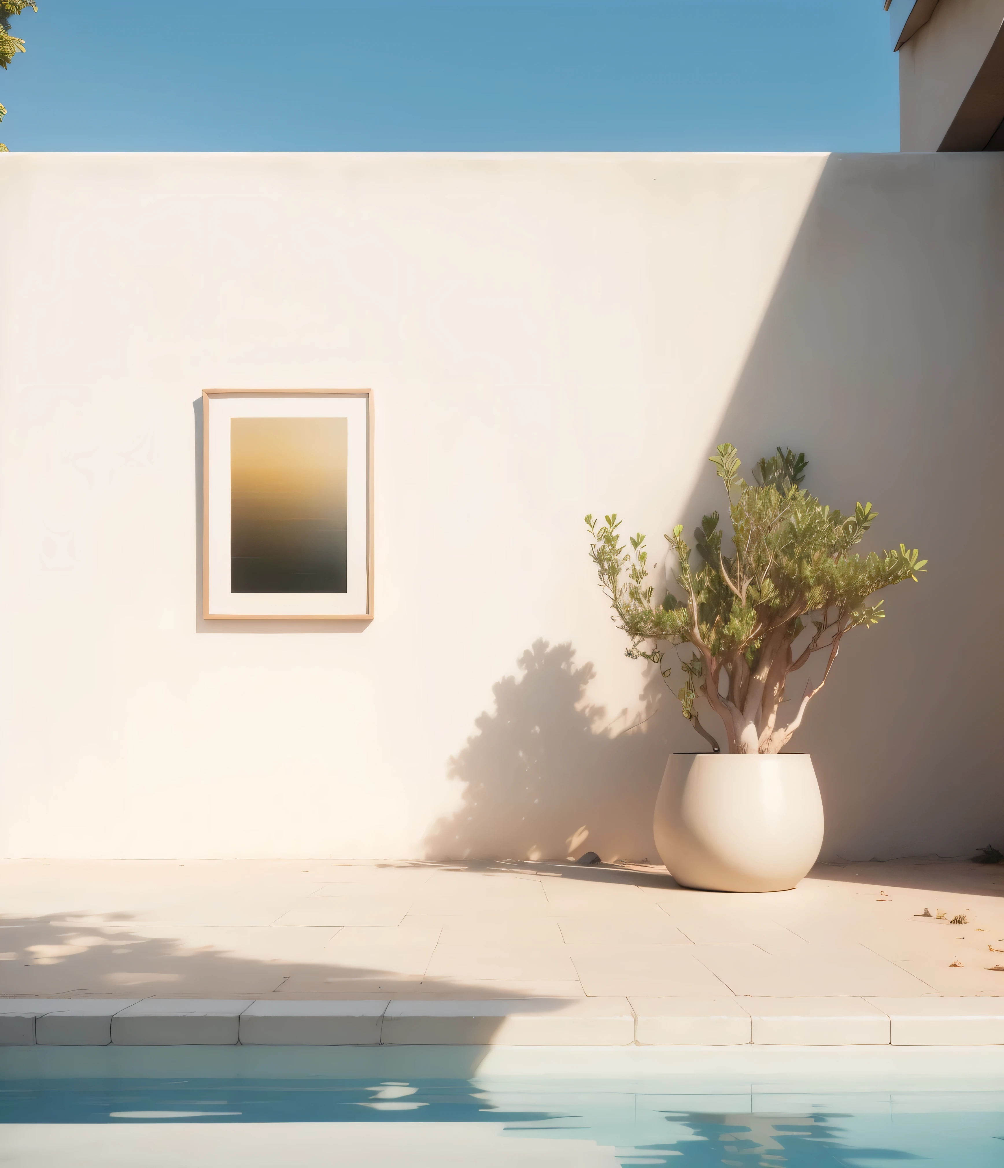 there is a plant in a pot next to a pool, tonal colors outdoor, outdoor fine art photography, minimalistic art, next to a pool, sand - colored walls, minimalist painting, minimalist photorealist, framed in image, placed in a living room, minimalist composition, airy landscape, limited edition print, a minimalist painting, on a wall, architectural photograph