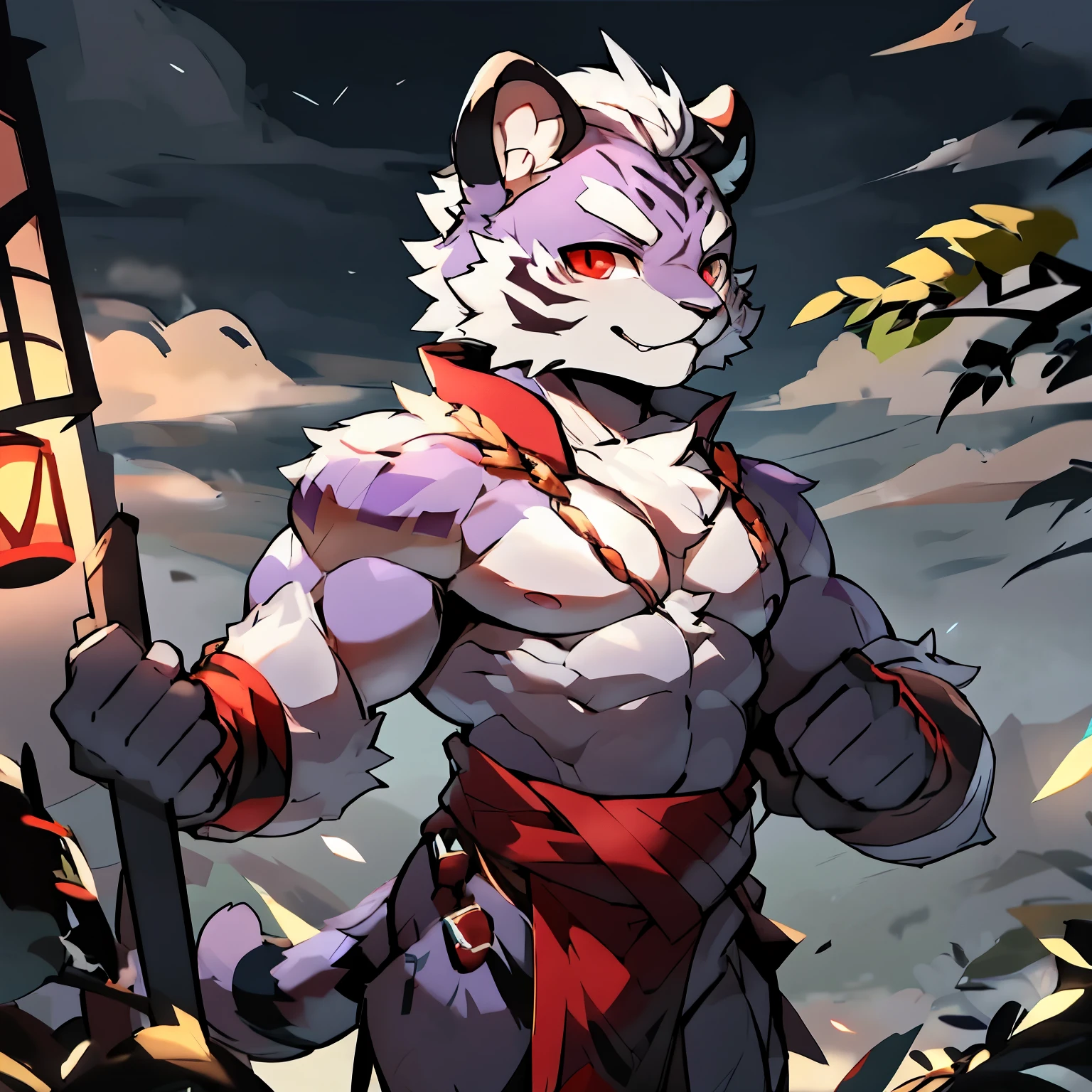 Best Quality), (Masterpiece), (((Single))), (Ultra Detailed), (Furry), Full Body Furry, Furry, (Male Tiger: 1.5), (Purple Skin: 1.3), (Purple Fur: 1.3), Character Focus, (Red Eyes), ((Humanoid hands)), ((Detailed People)), (Gray Ears), Sharp Focus, (Furry Feeling of Animal Ears), Chinese Wuxia, ((Wuxia)), ((Chinese Style)), Chinese Wuxia Costume, On the streets of ancient China, Muscular body, Young, Topless.