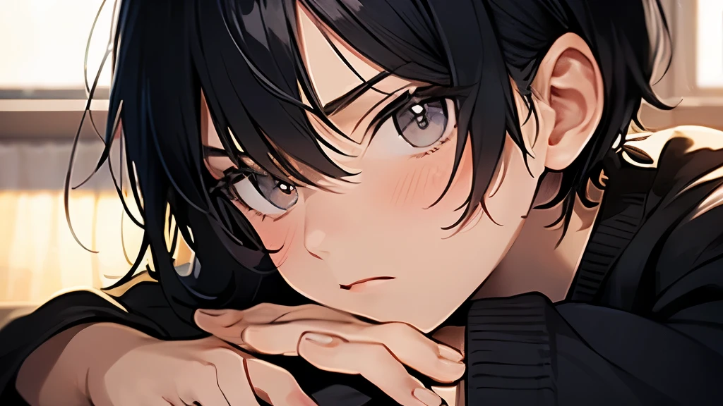 16 year old male、hair is black、hair cut short、school uniform、Looks serious、