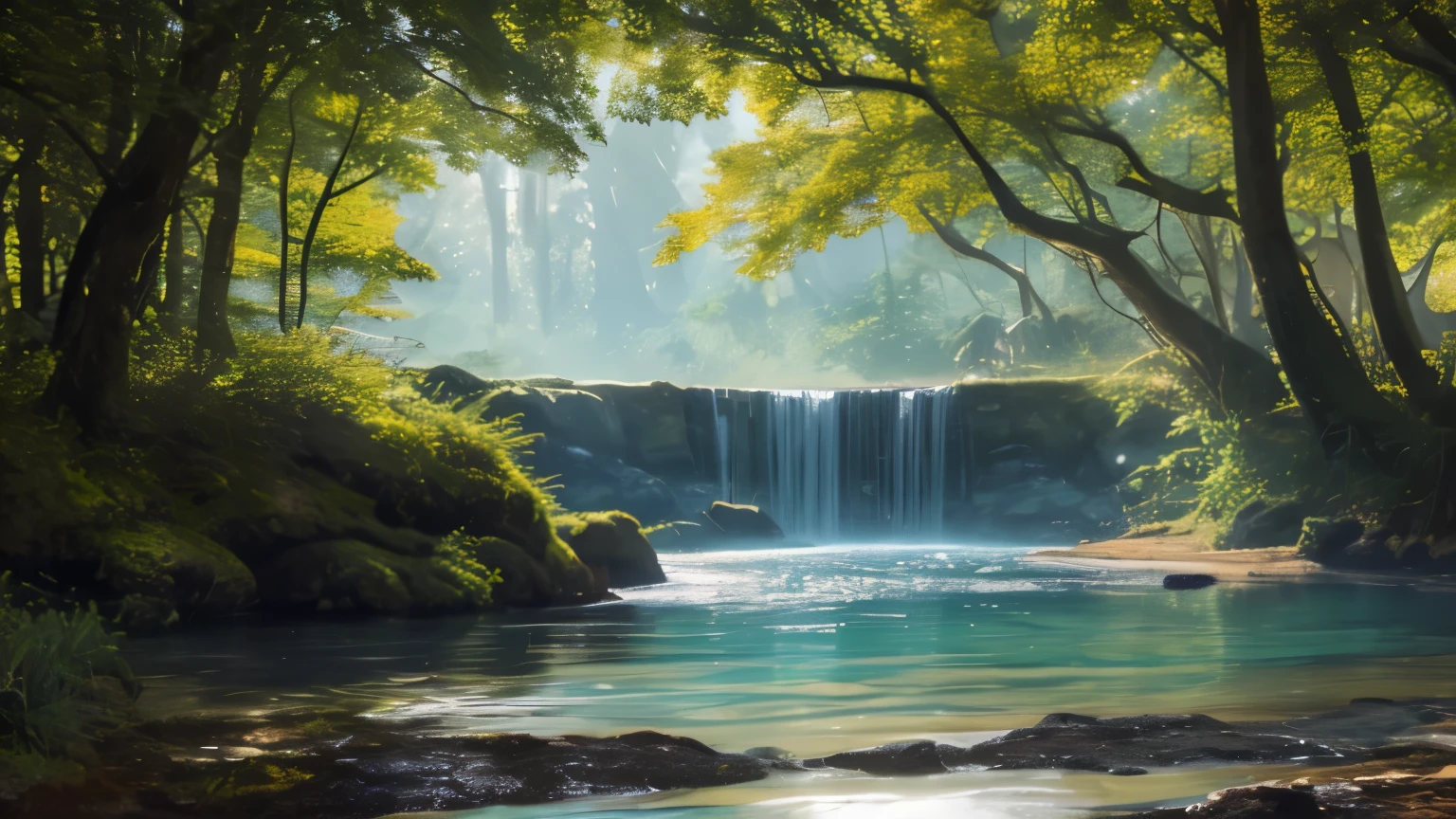 ((Masterpiece)), ((Best quality)), 8K, Highly detailed, Ultra-detailed, A serene landscape scene showcasing the Tyndall Effect in a tranquil body of water. The sun casts a warm, golden light onto the surface of the water, creating a breathtaking display of shimmering waves and vibrant colors. The Tyndall Effect is most prominent near the shoreline, where the water is shallow and the suspended particles catch the sunlight, resulting in a mesmerizing spectacle of light and color. The scene is framed by lush greenery and towering trees, casting dappled shadows onto the water's surface.