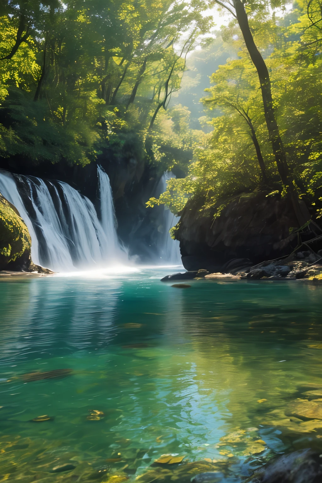 ((Masterpiece)), ((Best quality)), 8K, Highly detailed, Ultra-detailed, A serene landscape scene showcasing the Tyndall Effect in a tranquil body of water. The sun casts a warm, golden light onto the surface of the water, creating a breathtaking display of shimmering waves and vibrant colors. The Tyndall Effect is most prominent near the shoreline, where the water is shallow and the suspended particles catch the sunlight, resulting in a mesmerizing spectacle of light and color. The scene is framed by lush greenery and towering trees, casting dappled shadows onto the water's surface. 