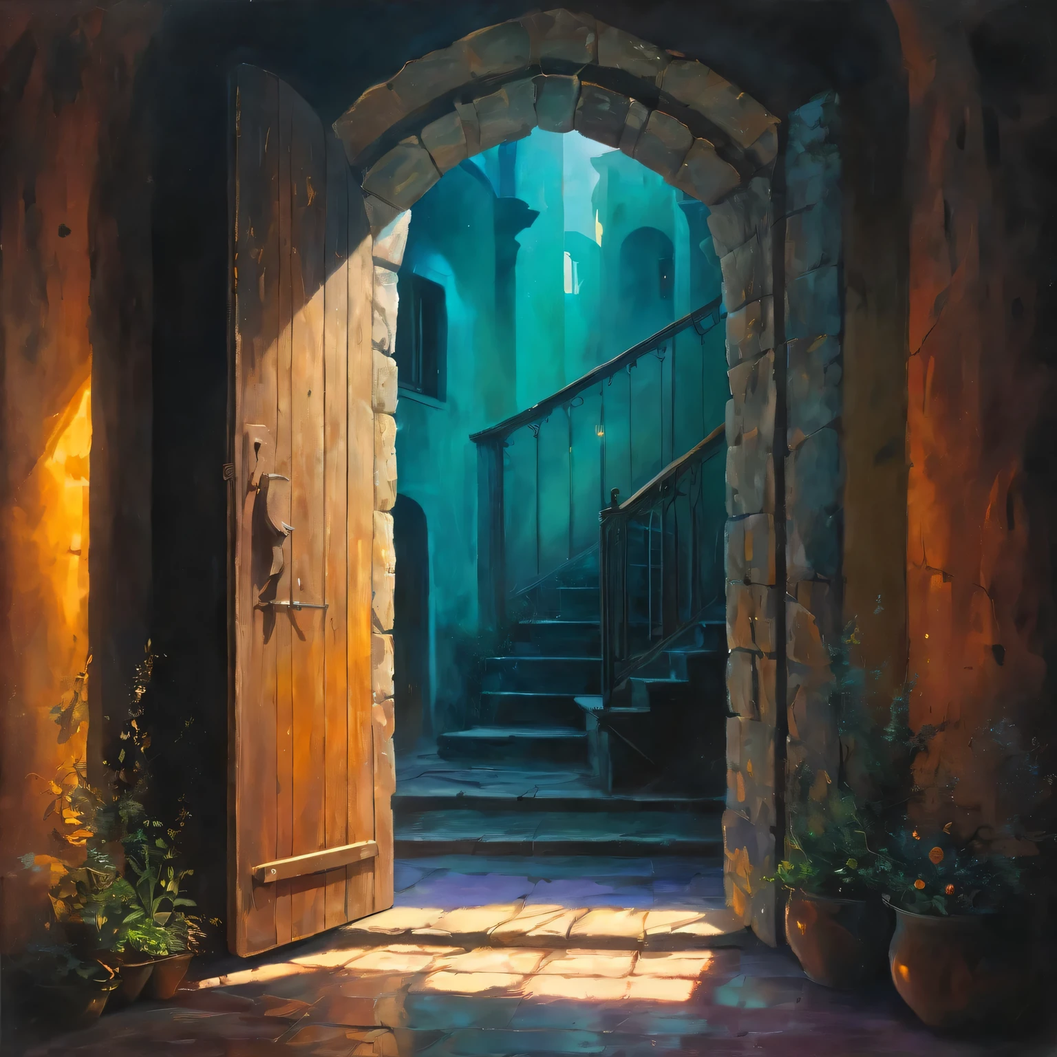 (painting),(best quality, 4k, masterpiece:1.2), Super detailed, (actual, photoactual:1.37), mood lighting, bright colors, (Tyndall effect), eager , imprisoned in time, emotional expression, Complex brushstrokes, hidden layers of meaning, Contrast texture, evocative shadow, Emotional turmoil, melancholic atmosphere, unforgettable beauty, drama composition, powerful storytelling, Fascinating details, subtle gradient, Rich visual narrative, ethereal atmosphere, mysterious atmosphere, mysterious aura, Depth and size, Surreal elements