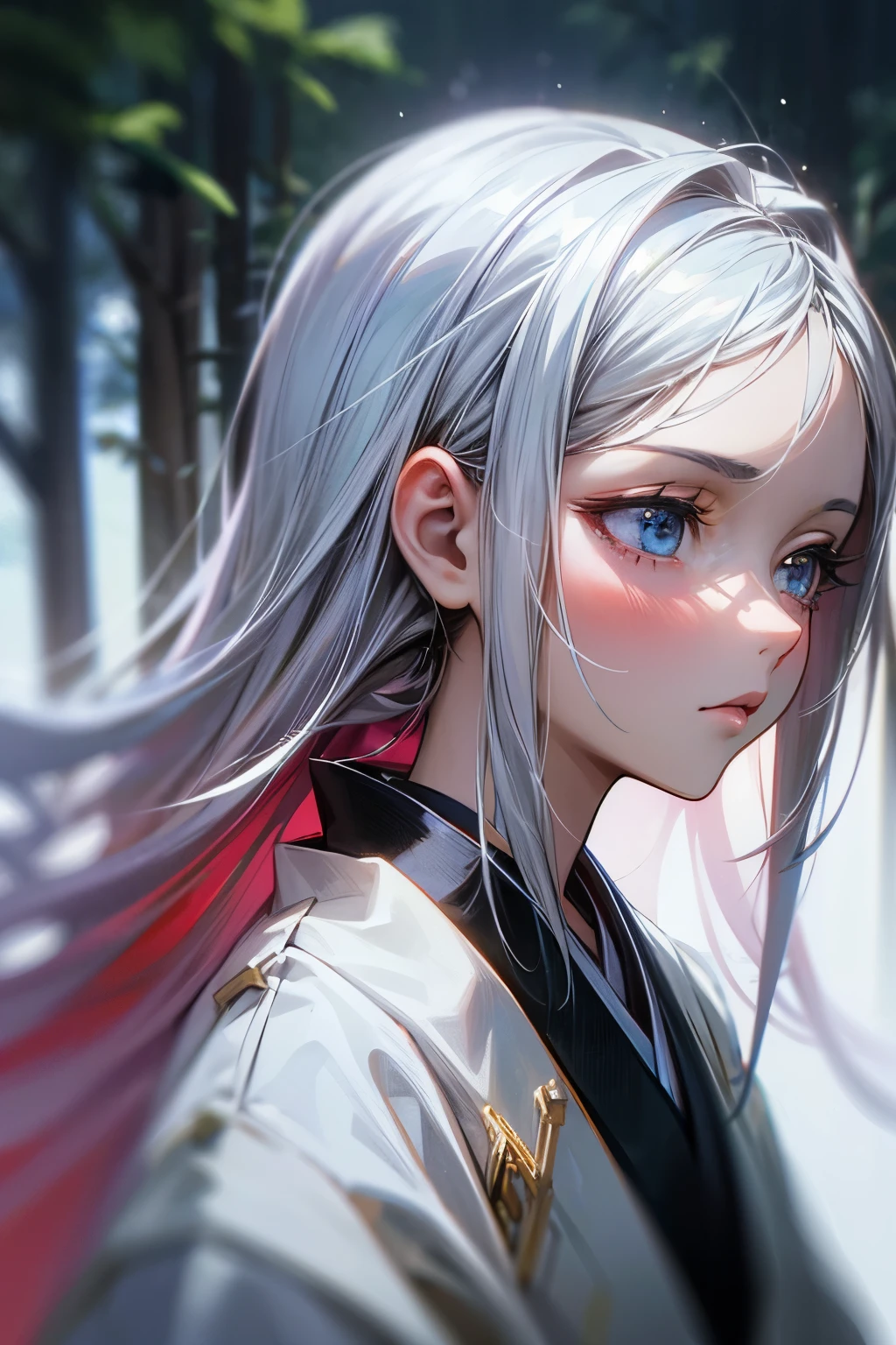 ((Masterpiece)), (Anime:1.5), ((best quality)), (RAW photo:1.2), (High Definition:1.3), (Professional Photography:1.2), (chromatic aberration), 1girl, (()), perfect hands, standing in a foggy and snowy pine forest, in a black and white kimono, white hair, blue eyes, long hair, serious expression, away from the audience, a detailed painting, 8k, clearly worked out detail, intricate, cinematic, dim natural lighting, (high detailed skin:0.9), (looking away to the side), shallow depth of field, portrait photography, (real picture, intricate details),
