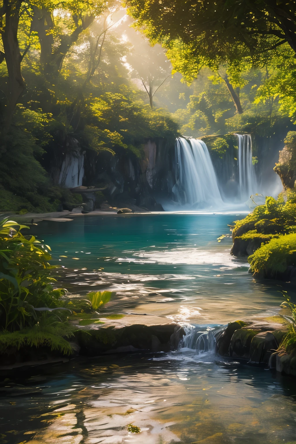 ((Masterpiece)), ((Best quality)), 8K, Highly detailed, Ultra-detailed, A serene landscape scene showcasing the Tyndall Effect in a tranquil body of water. The sun casts a warm, golden light onto the surface of the water, creating a breathtaking display of shimmering waves and vibrant colors. The Tyndall Effect is most prominent near the shoreline, where the water is shallow and the suspended particles catch the sunlight, resulting in a mesmerizing spectacle of light and color. The scene is framed by lush greenery and towering trees, casting dappled shadows onto the water's surface. 