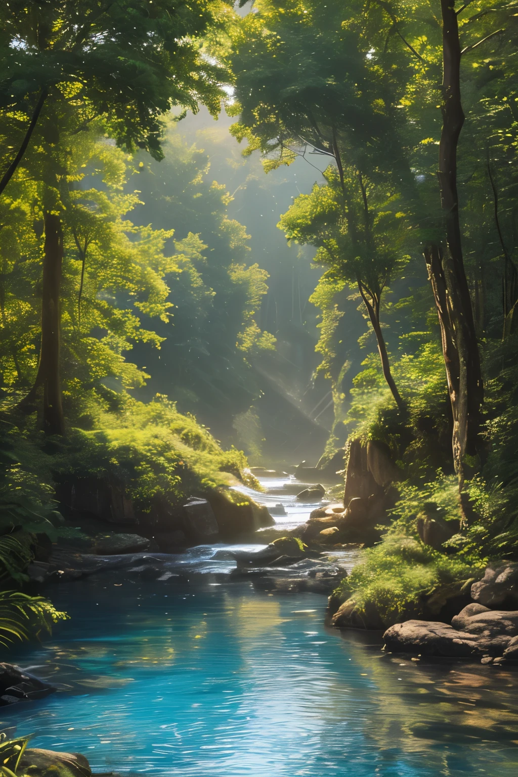 ((Masterpiece)), ((Best quality)), 8K, Highly detailed, Ultra-detailed, A serene landscape scene showcasing the Tyndall Effect in a tranquil body of water. The sun casts a warm, golden light onto the surface of the water, creating a breathtaking display of shimmering waves and vibrant colors. The Tyndall Effect is most prominent near the shoreline, where the water is shallow and the suspended particles catch the sunlight, resulting in a mesmerizing spectacle of light and color. The scene is framed by lush greenery and towering trees, casting dappled shadows onto the water's surface. 