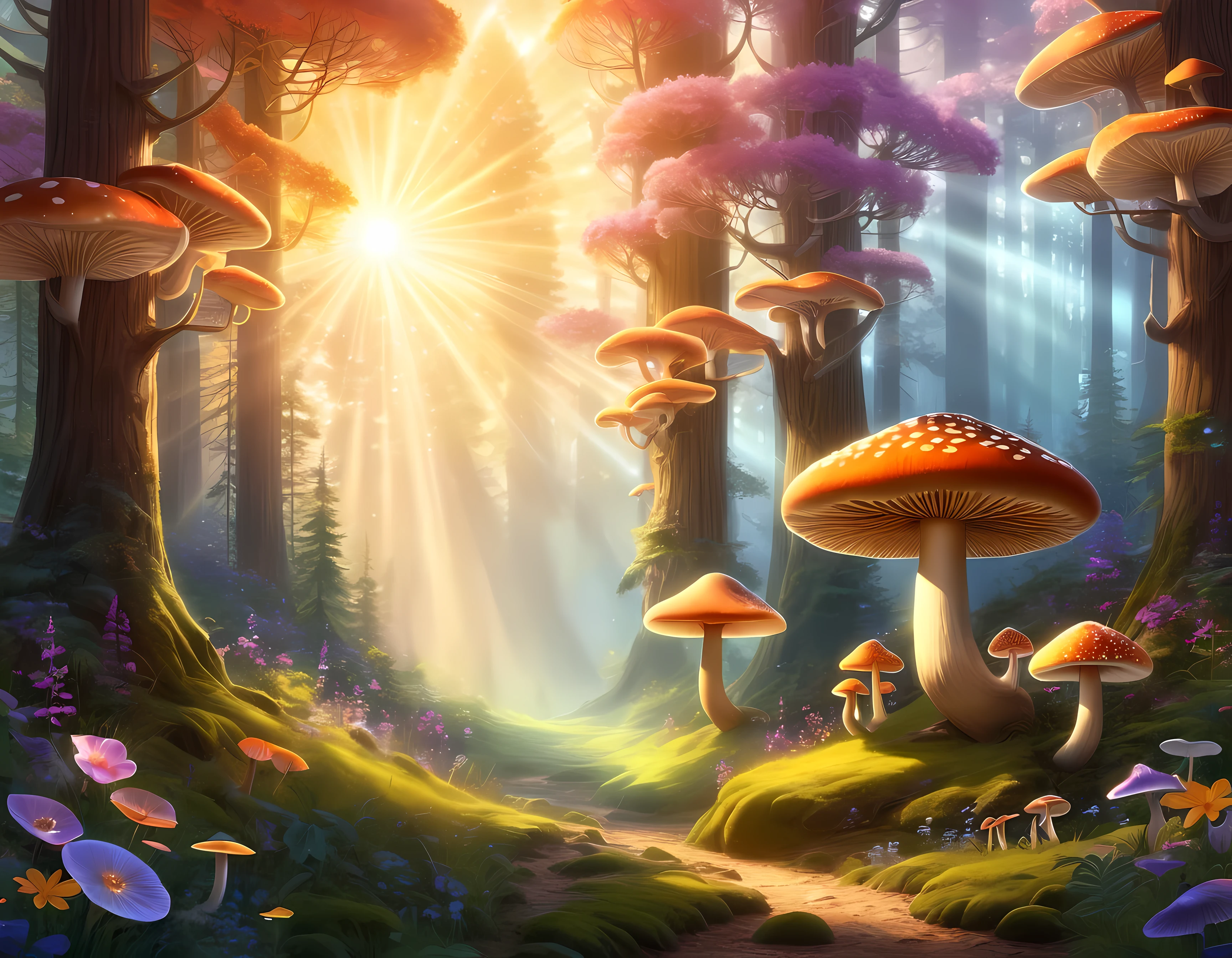 Epic cartoon drawing, a summer enchanted forest at sunset, the Tyndall Effect, sun (rays) filtering though a forest canopy, two adorable stags, ((glowing magical mushrooms and flowers)), soft fog, shimmering effect, masterpiece in maximum 16K resolution, superb quality. | ((More_Detail))
