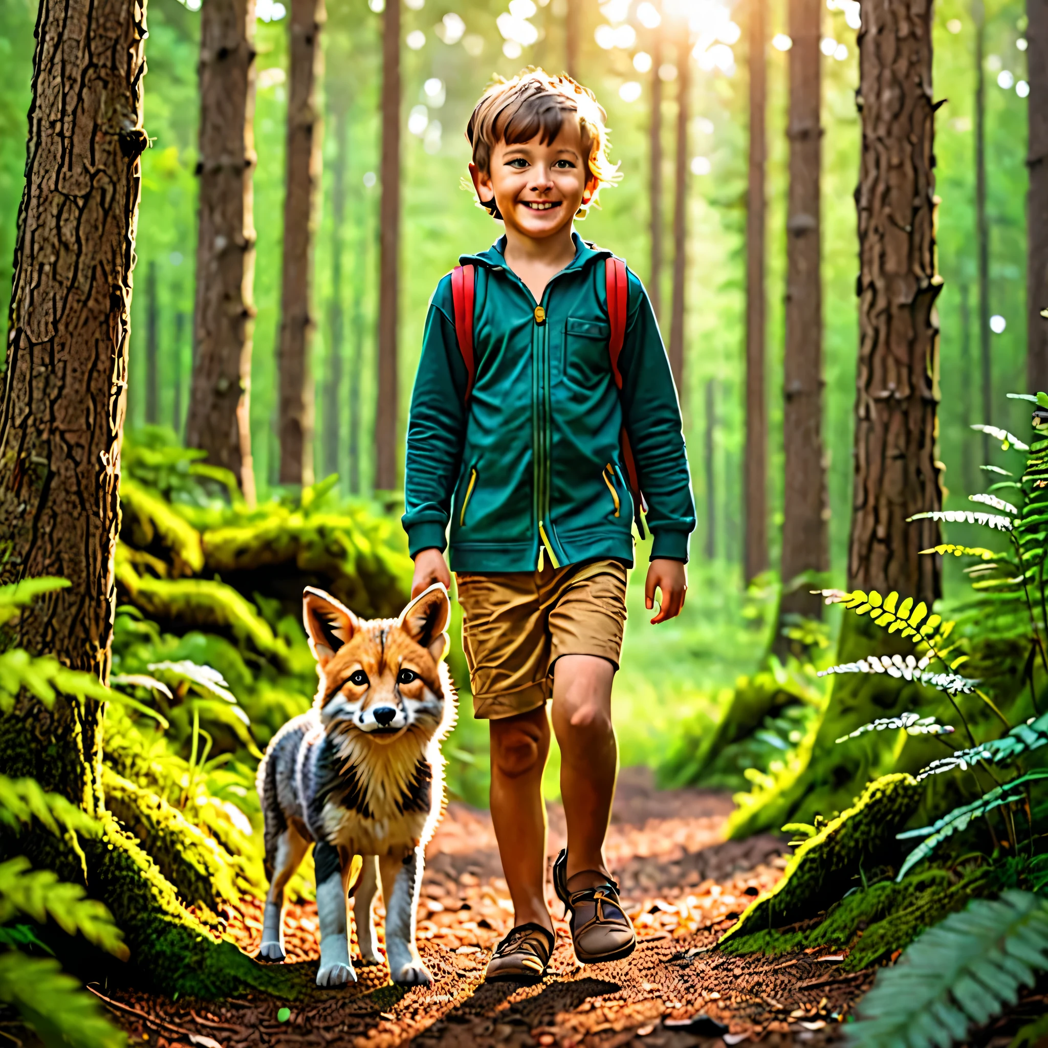 A you boy in the forest living with an animal