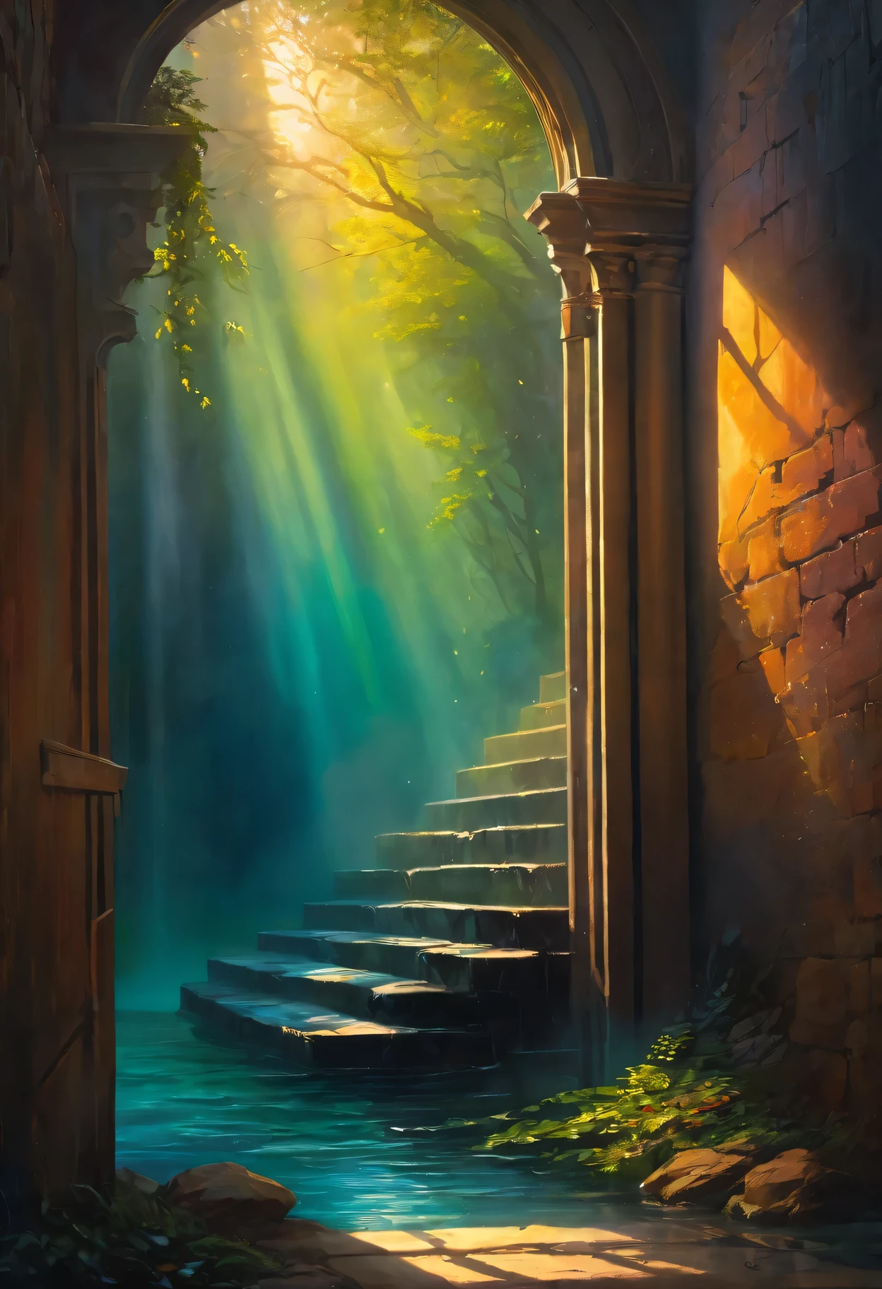 (painting),(best quality, 4k, masterpiece:1.2), Super detailed, (actual, photoactual:1.37), mood lighting, bright colors, Tyndall effect, eager , imprisoned in time, emotional expression, Complex brushstrokes, hidden layers of meaning, Contrast texture, evocative shadow, Emotional turmoil, melancholic atmosphere, unforgettable beauty, drama composition, powerful storytelling, Fascinating details, subtle gradient, Rich visual narrative, ethereal atmosphere, mysterious atmosphere, mysterious aura, Depth and size, Surreal elements