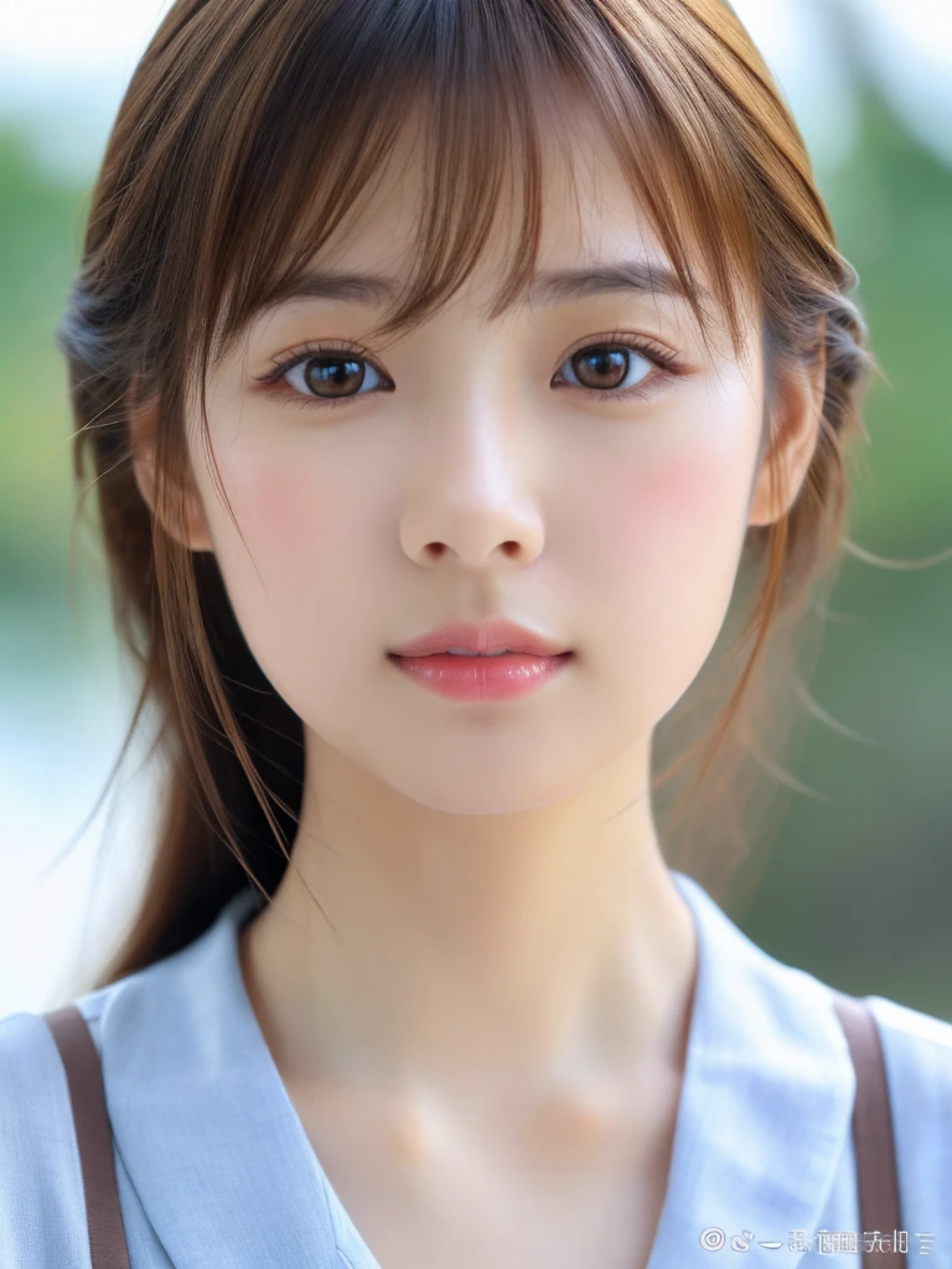 ((cute日本の女の子、beautiful japanese girl、1 girl、19 years old、Highly detailed face and skin texture、super detailed face、highly detailed eyes、Lee Hong、blush、ponytail、close-up of woman、front、cute、Highly detailed face and skin texture、smooth white skin、Transparent skin texture、))、(dark brown hair)、looking at camera、sharp focus：1.2、beautiful woman with perfect style：1.4、japanese model、young gravure idol、若いcuteグラビアアイドル、Realistic young gravure idol、sophisticated gravure idol、((highest quality、8k、masterpiece:1.3、１photograph))、(4k、RAWphotograph、highest quality)、Place a person on the other side of the screen、Natural light、