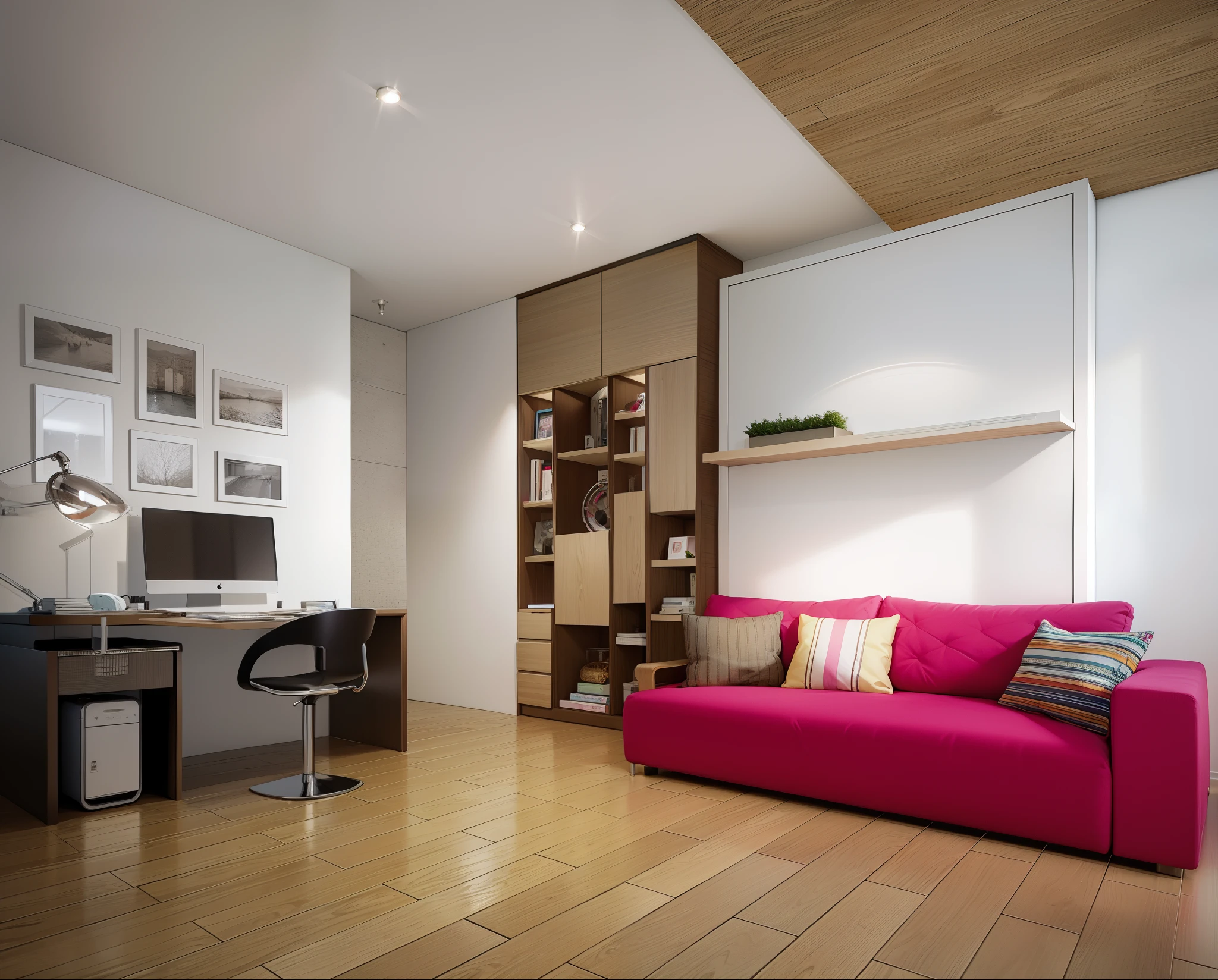 there is a pink couch in a room with a computer on it, apartment design, interior design, home office interior, home interior, stylish decor, pink accents, modern interior design, bright modern style, in style of 3d render, modern style, popular interior design style, bright room, bold color scheme, 3d rendering, 3 d rendering
