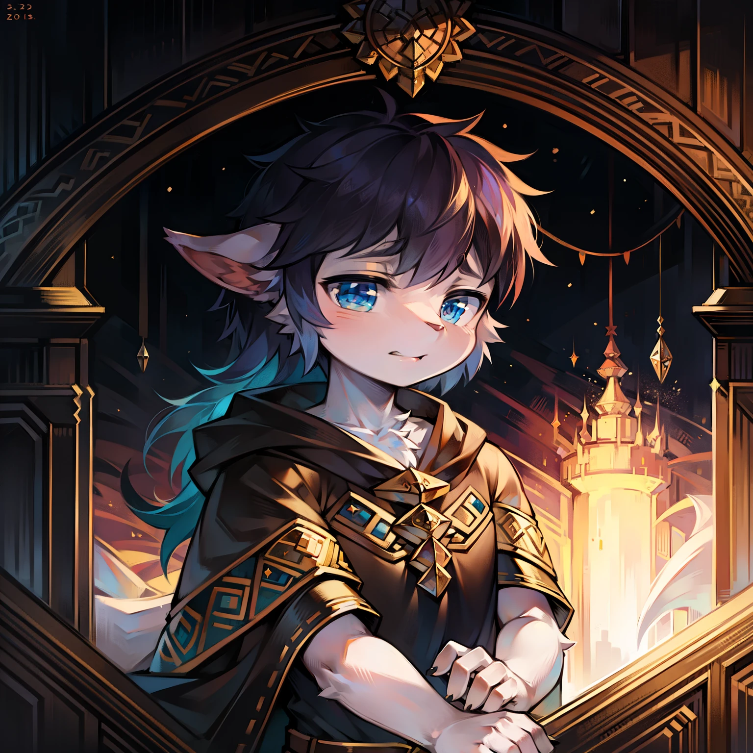 Adorable Young Boy in a Fantasy Realm, Intimate Portrait, Enchanted Lock, Magnificent Dragon
A captivating close-up photo of a cute little boy, lost in a whimsical fantasy world, showcases a mesmerizing enchanted lock with intricate designs. The boy's captivating eyes filled with curiosity and wondershine brightly with an innocent charm. His golden curls framed his face, cascading in soft waves against the backdrop of a textured, dragon-emblazoned cloak. The dragon - this mystical creature of legend - hovers gently behind the boy, its scaled body shimmering in the ambient sunlight, leaving