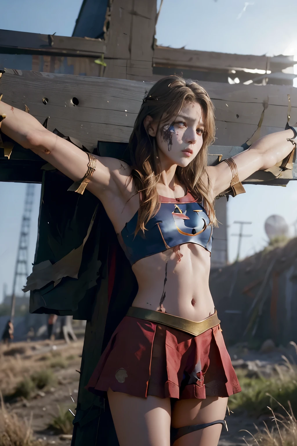 highest quality,masterpiece,UHD, Super detailed, 8K,(Beautiful woman),一人のBeautiful woman,((crucifixion:1.5)),((cross)),(execution),((incontinence)),scared,torture,slave,((crossにcrucifixionにされた女性:1.5)),crucifixion刑,(supergirl),red skirt,((torn costume:1.4)),(tattered clothes),((Bruises on face and body:1.4)),(dirty),Defeated heroine,a devastated world,ruins,abandoned building