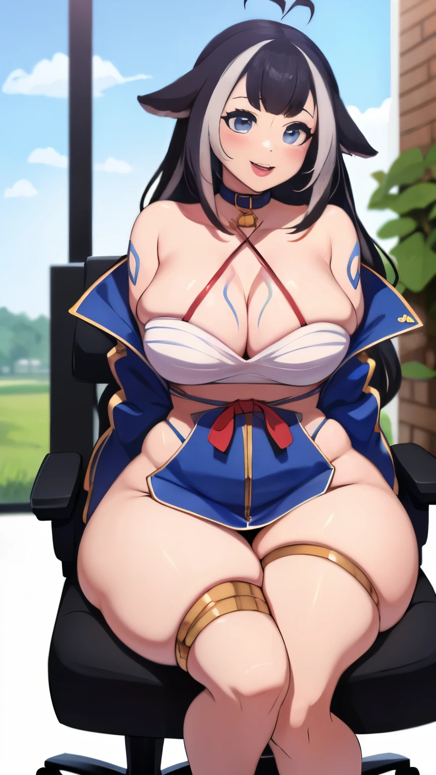 Shylily, 1 woman, teasing. sitting on gaming chair. wide hips, thick thighs. black with golden lining clothes. thick. small bust.