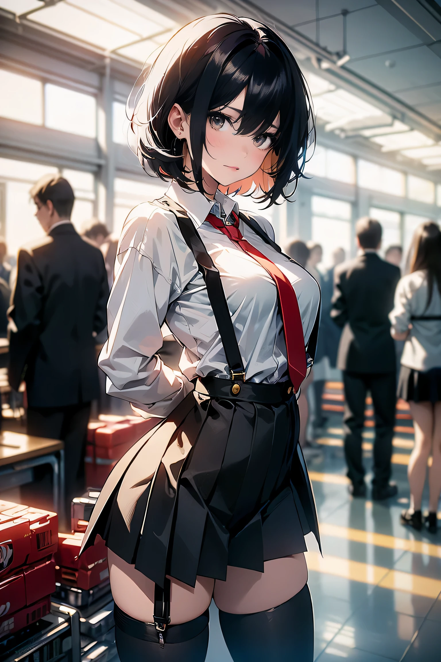 anime image of a woman in a short skirt and white shirt, sports figure, Cute sexy butts, A high resolution, small curvy , hips!!, Expects, Short full-length portrait!, hips!!!!!!, with backlight, slim ass, stockings up to hips, red & black clothes, legs clamped in stockings with suspenders