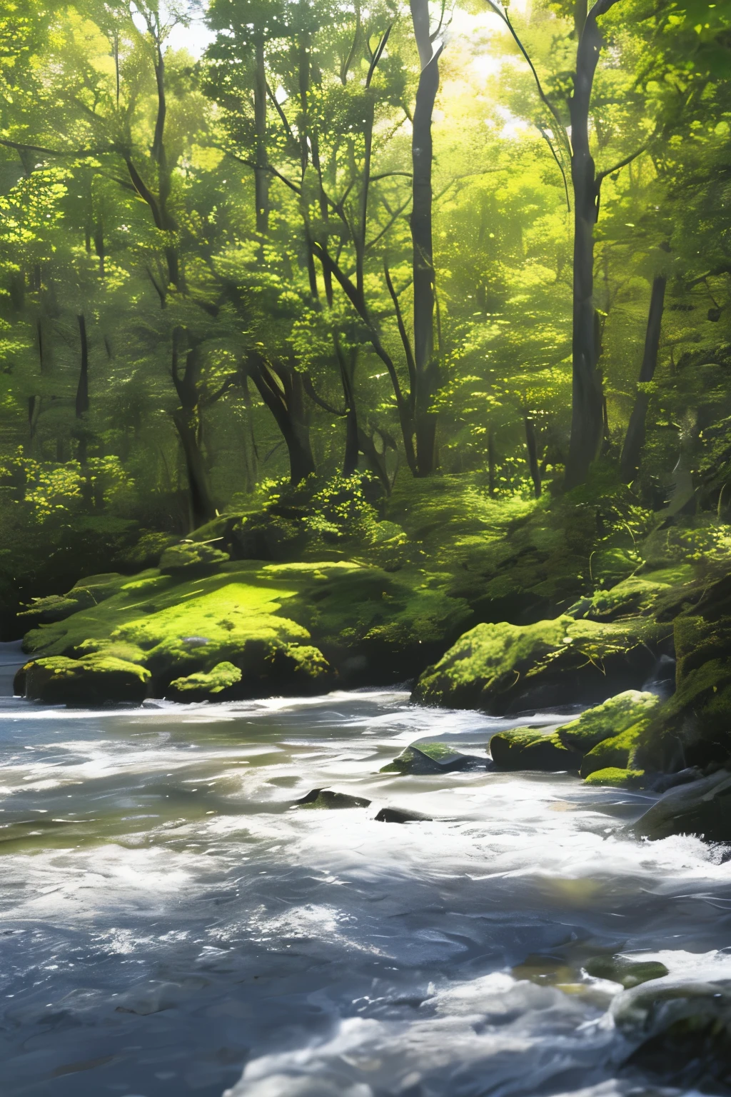 ((Masterpiece)), ((Best quality)), 8K, Highly detailed, Ultra-detailed, A serene landscape scene showcasing the Tyndall Effect in a tranquil body of water. The sun casts a warm, golden light onto the surface of the water, creating a breathtaking display of shimmering waves and vibrant colors. The Tyndall Effect is most prominent near the shoreline, where the water is shallow and the suspended particles catch the sunlight, resulting in a mesmerizing spectacle of light and color. The scene is framed by lush greenery and towering trees, casting dappled shadows onto the water's surface. 