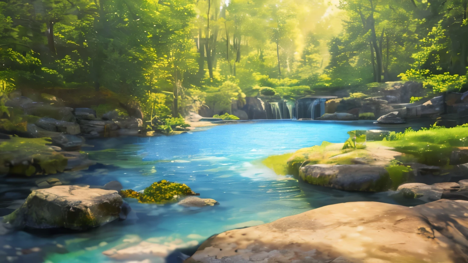 ((Masterpiece)), ((Best quality)), 8K, Highly detailed, Ultra-detailed, A serene landscape scene showcasing the Tyndall Effect in a tranquil body of water. The sun casts a warm, golden light onto the surface of the water, creating a breathtaking display of shimmering waves and vibrant colors. The Tyndall Effect is most prominent near the shoreline, where the water is shallow and the suspended particles catch the sunlight, resulting in a mesmerizing spectacle of light and color. The scene is framed by lush greenery and towering trees, casting dappled shadows onto the water's surface.