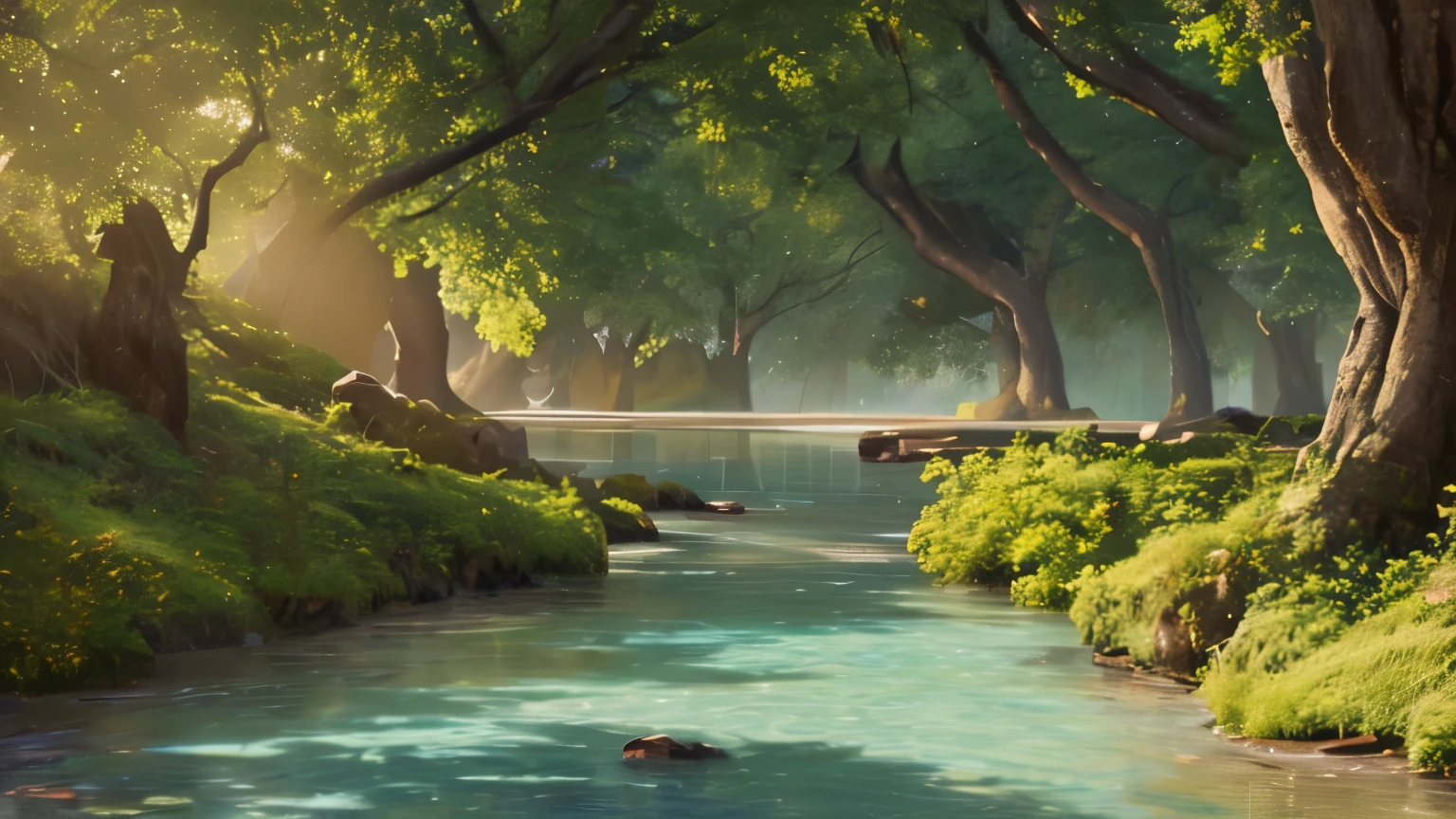 ((Masterpiece)), ((Best quality)), 8K, Highly detailed, Ultra-detailed, A serene landscape scene showcasing the Tyndall Effect in a tranquil body of water. The sun casts a warm, golden light onto the surface of the water, creating a breathtaking display of shimmering waves and vibrant colors. The Tyndall Effect is most prominent near the shoreline, where the water is shallow and the suspended particles catch the sunlight, resulting in a mesmerizing spectacle of light and color. The scene is framed by lush greenery and towering trees, casting dappled shadows onto the water's surface.