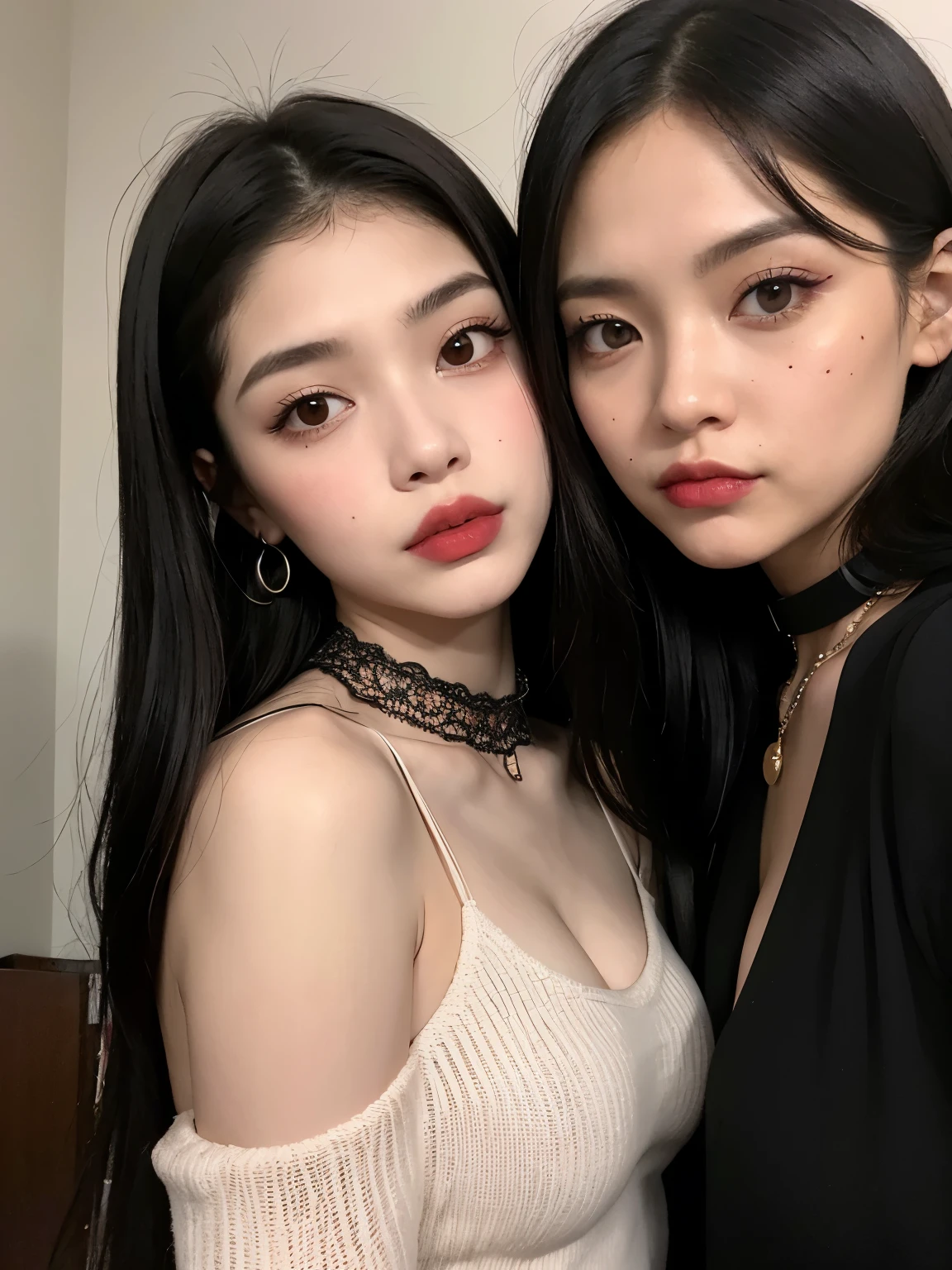 Kim Jennie con el cabello negro oscuro, con rulos en las puntas del cabello negro oscuro, con un ganchito de estrella en el cabello negro oscuro, ojos de color claro, ojos bonitos, ojos llorosos, nariz bonita y respingada, labios bonitos, labios rosas, heart and cupid shaped lip, piel bonita, pale, piel blanca, con lunares y pecas en todo el rostro, rubor rosa suave en las mejilla, rubor rosa natural, dark and gothic makeup, Jennie gotica, mientras ella esta con un chico lindo a su lado, with a cute asian boy standing next to her, mientras hay un torso de hombre, mientras el hombre'His hand is on his jaw.., manos bonitas de hombre, with a gothic boy, cuellos bonito, cuello marcado, frown, mirada enojada, con un collar de beso, un collar bonito de beso, mientras muestra sus pechos desnudos, mientras tiene los pezones con dos corazones de papel rosa, tiene los pezonnes con corazones de papel rosa (pechos grandes, pechos suaves, pechos bonitos, pechos naturales), con un chico a su lado, con su novio, mirando a la camara, autofoto