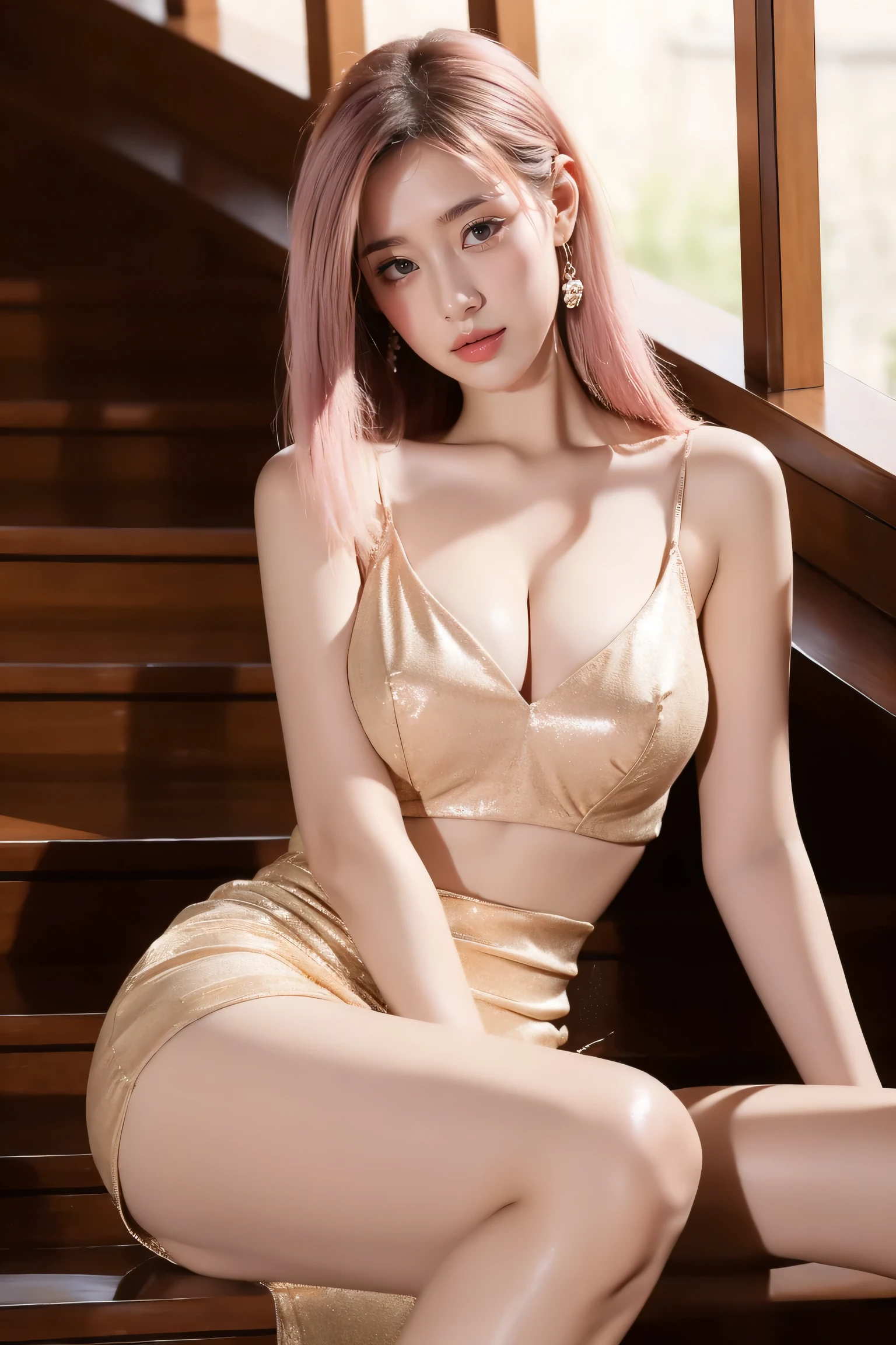 Beautiful girl wearing hairpins，sitting on the steps，looking at camera， Show cleavage，V-neck，super sexy，Optimize posture，HD，super detailed，mini skirt，extra large breasts，pink hair，long hair，Abrasion exposure，Mesh stockings，Showing thighs，sexy pose