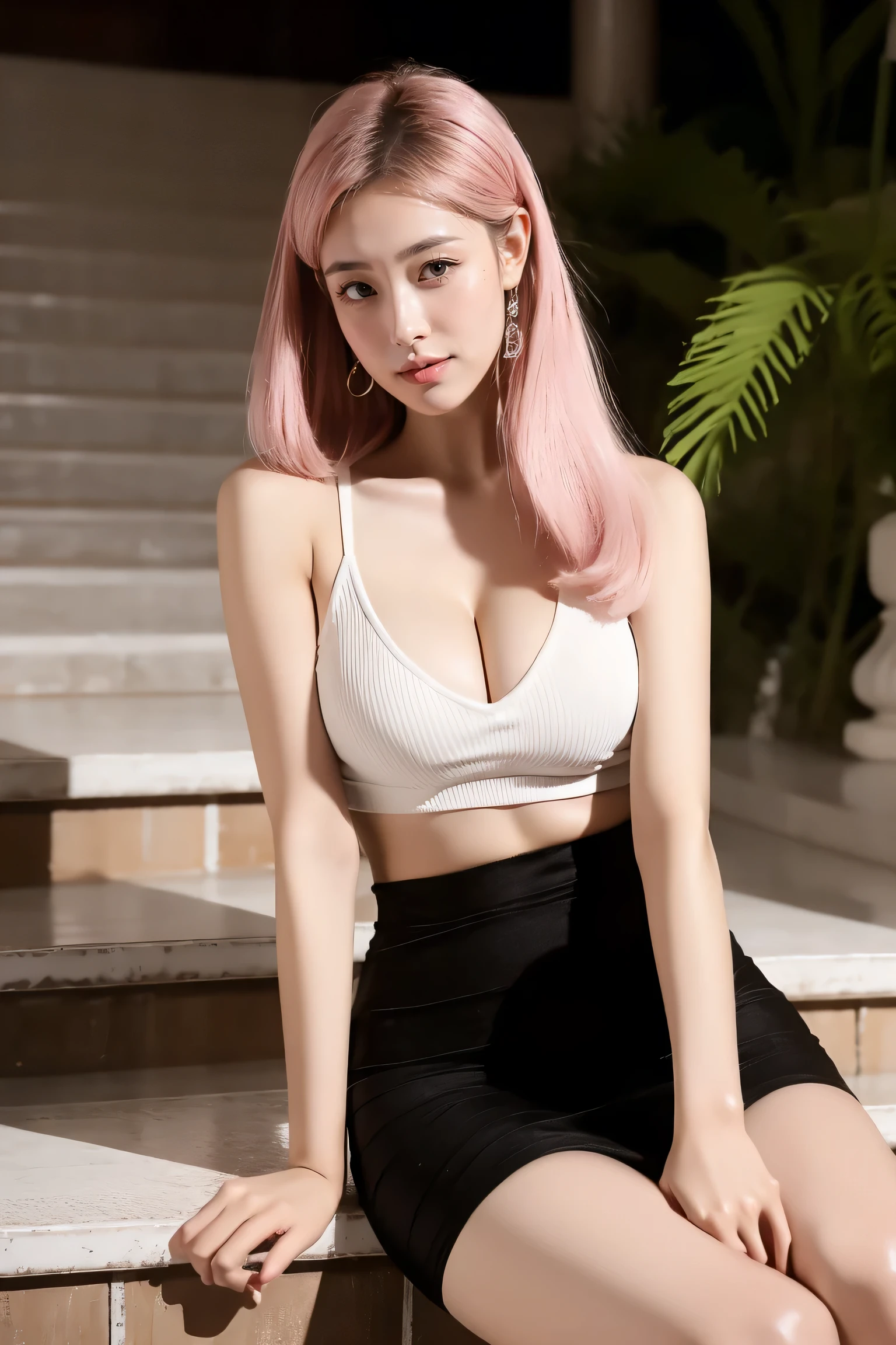 Beautiful girl wearing hairpins,sitting on the steps,looking at camera, Show cleavage,V-neck,super sexy,Optimize posture,HD,super detailed,mini skirt,extra large breasts,pink hair,long hair,Abrasion exposure,Mesh stockings,Showing thighs,sexy pose
