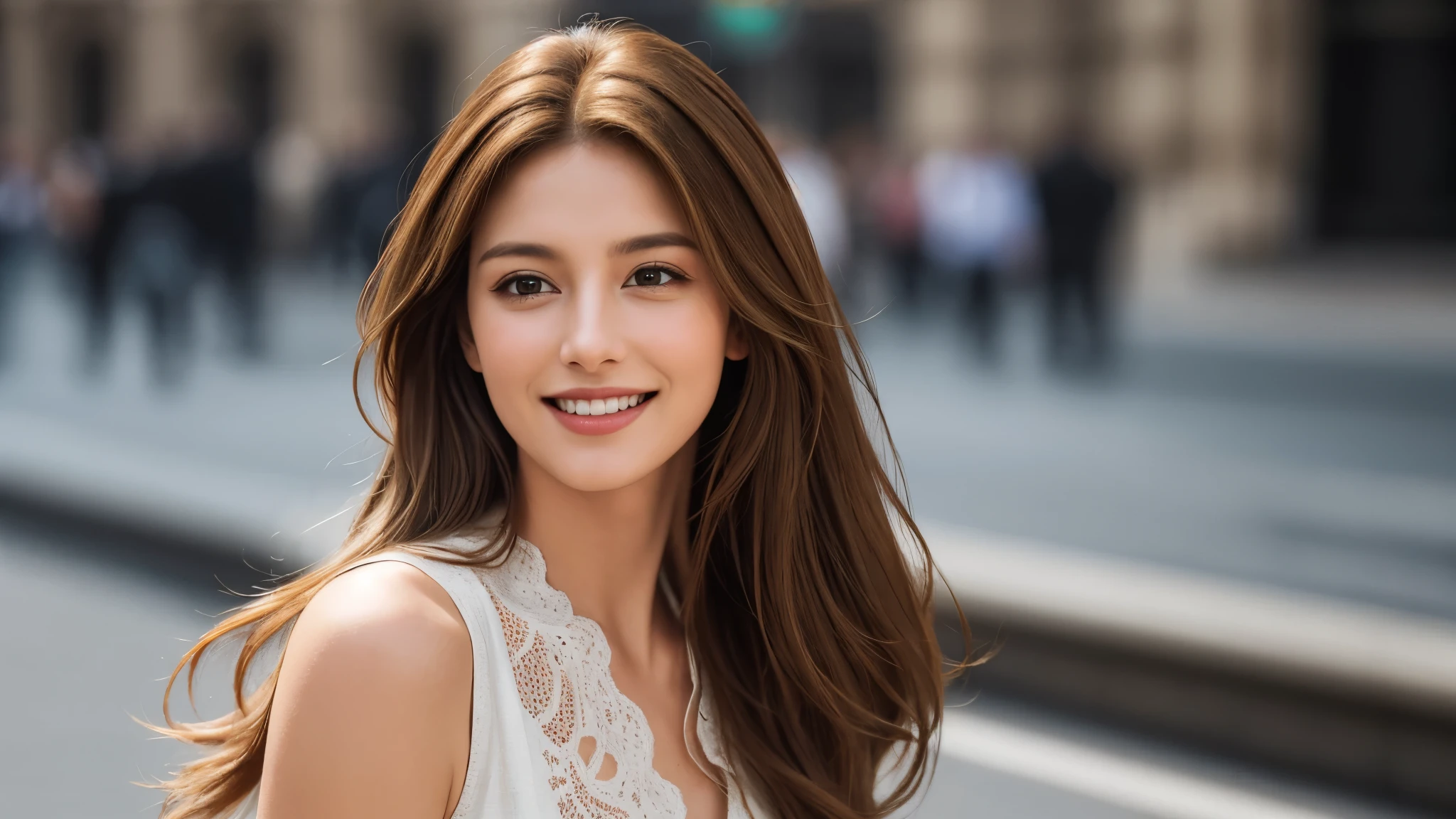 masterpiece, Best Quality, Photorealistic, Ultra-detailed, finely detailed, High resolution, 8K Wallpaper, 1 beautiful woman, light brown hair, sharp focus, Perfect dynamic composition, Beautiful detailed eyes, detailed hairs, Detailed realistic skin texture, Smiling, portrait, Model body type, Take a walk on the street of London,
