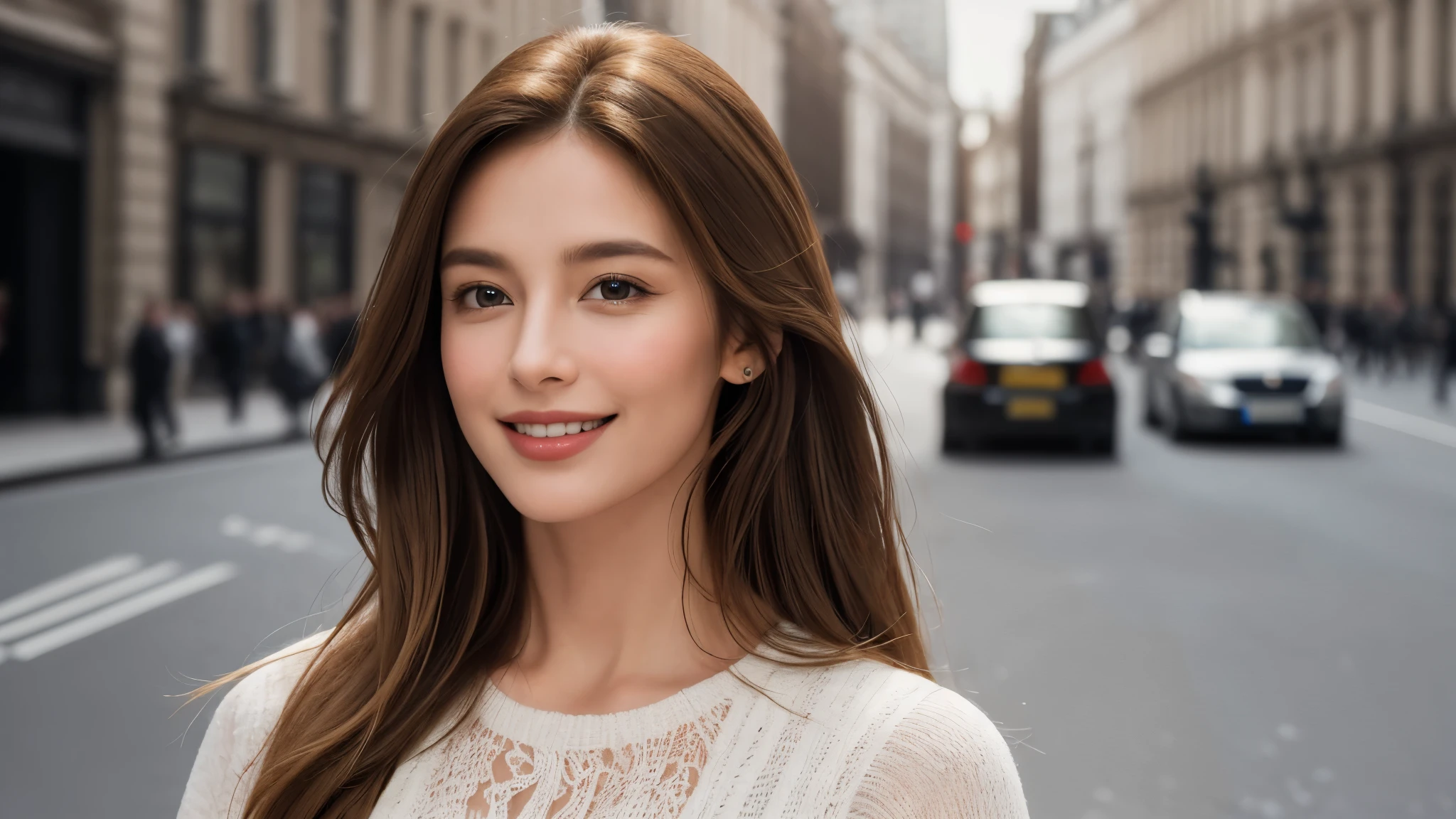 masterpiece, Best Quality, Photorealistic, Ultra-detailed, finely detailed, High resolution, 8K Wallpaper, 1 beautiful woman, light brown hair, sharp focus, Perfect dynamic composition, Beautiful detailed eyes, detailed hairs, Detailed realistic skin texture, Smiling, portrait, Model body type, Take a walk on the street of London,