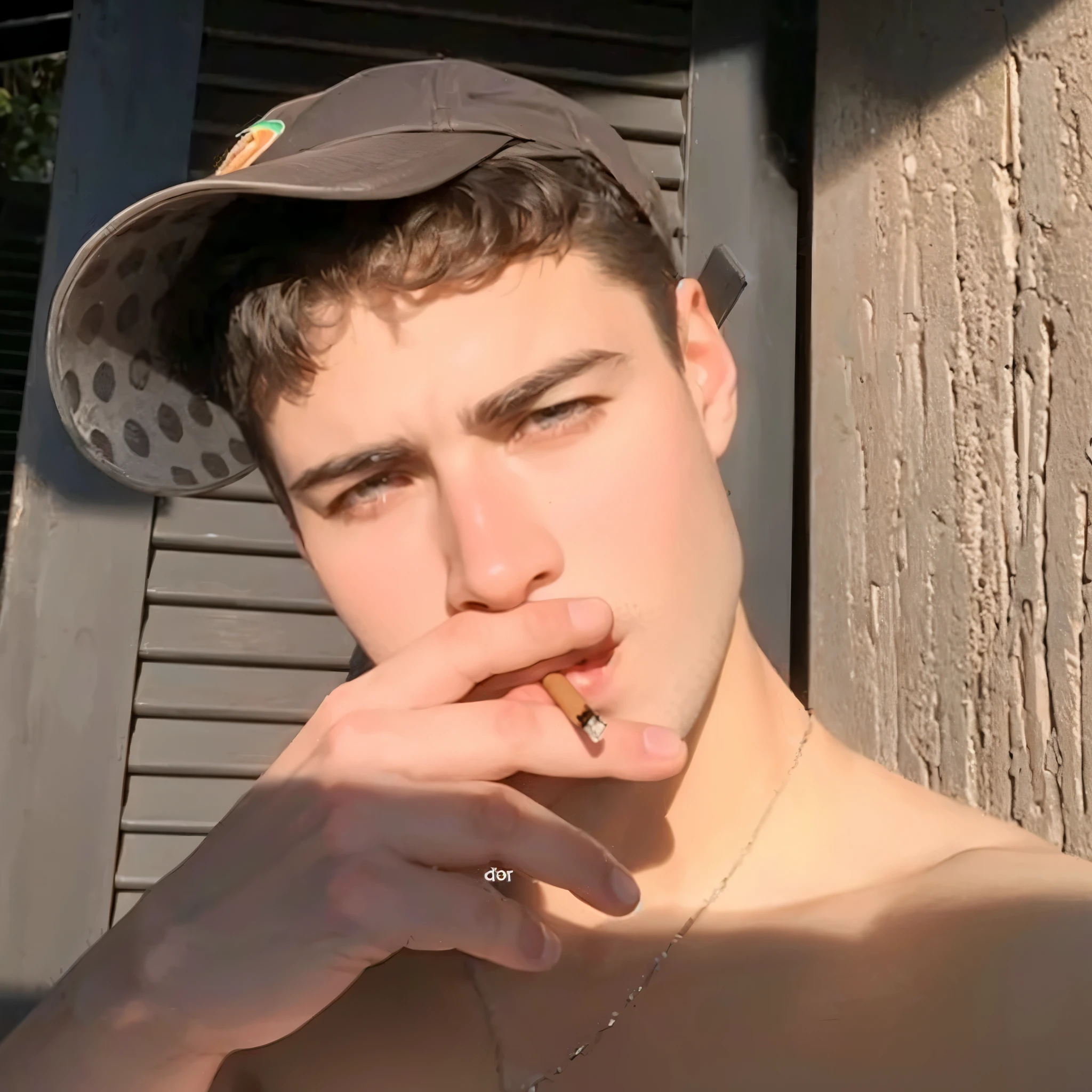 taking selfie, selfie shot pov, young man, blonde hair, blue eyes, ciginmouth, shirtless, beach, hot handsomeness 