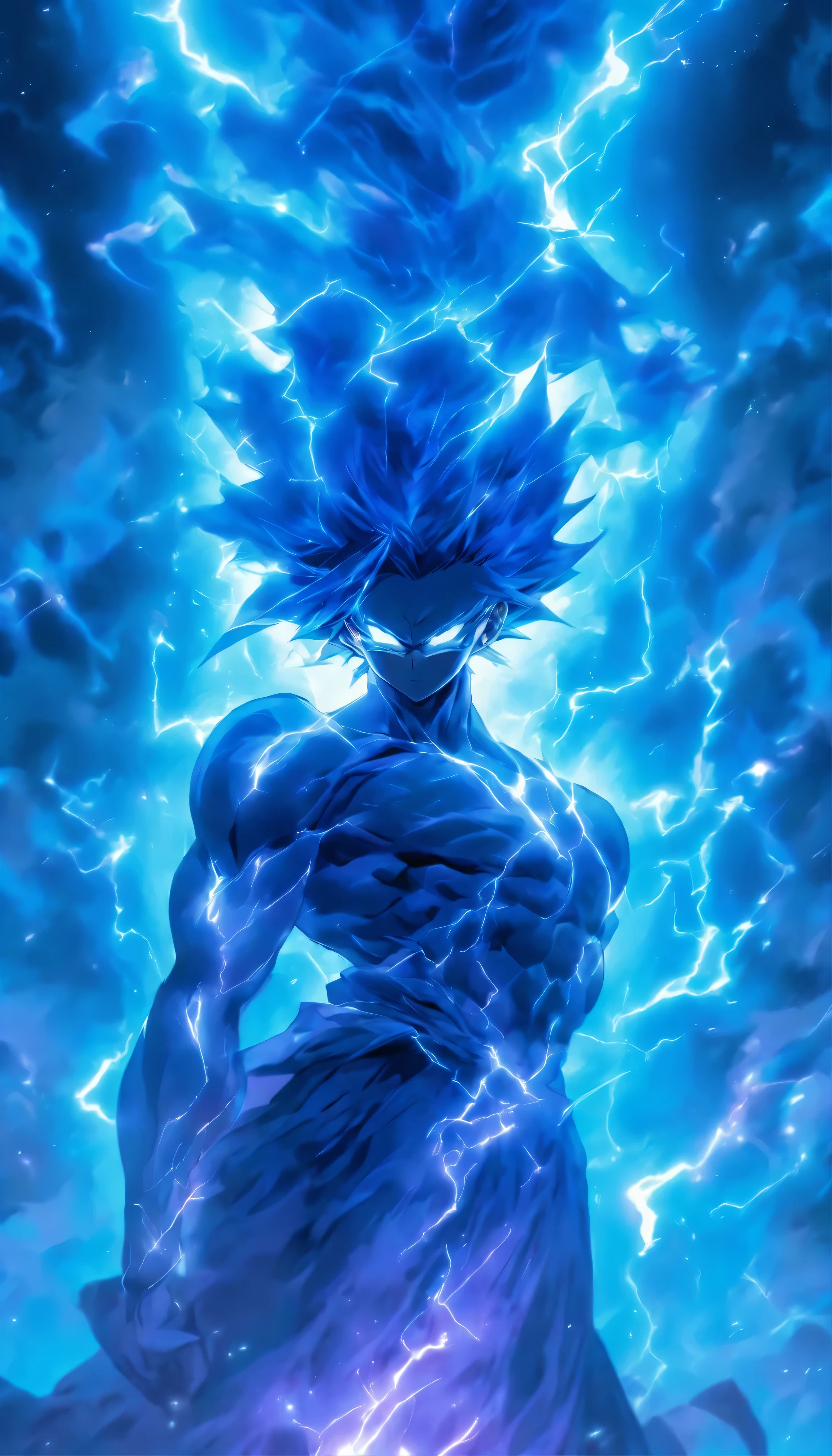 Male figure shrouded in ethereal blue lightning,Reflective dark purple etching. His mysterious presence hints at a close connection with infernal forces. A purple shadow fell on him, The mysterious dance of creation, Destruction and Rebirth,